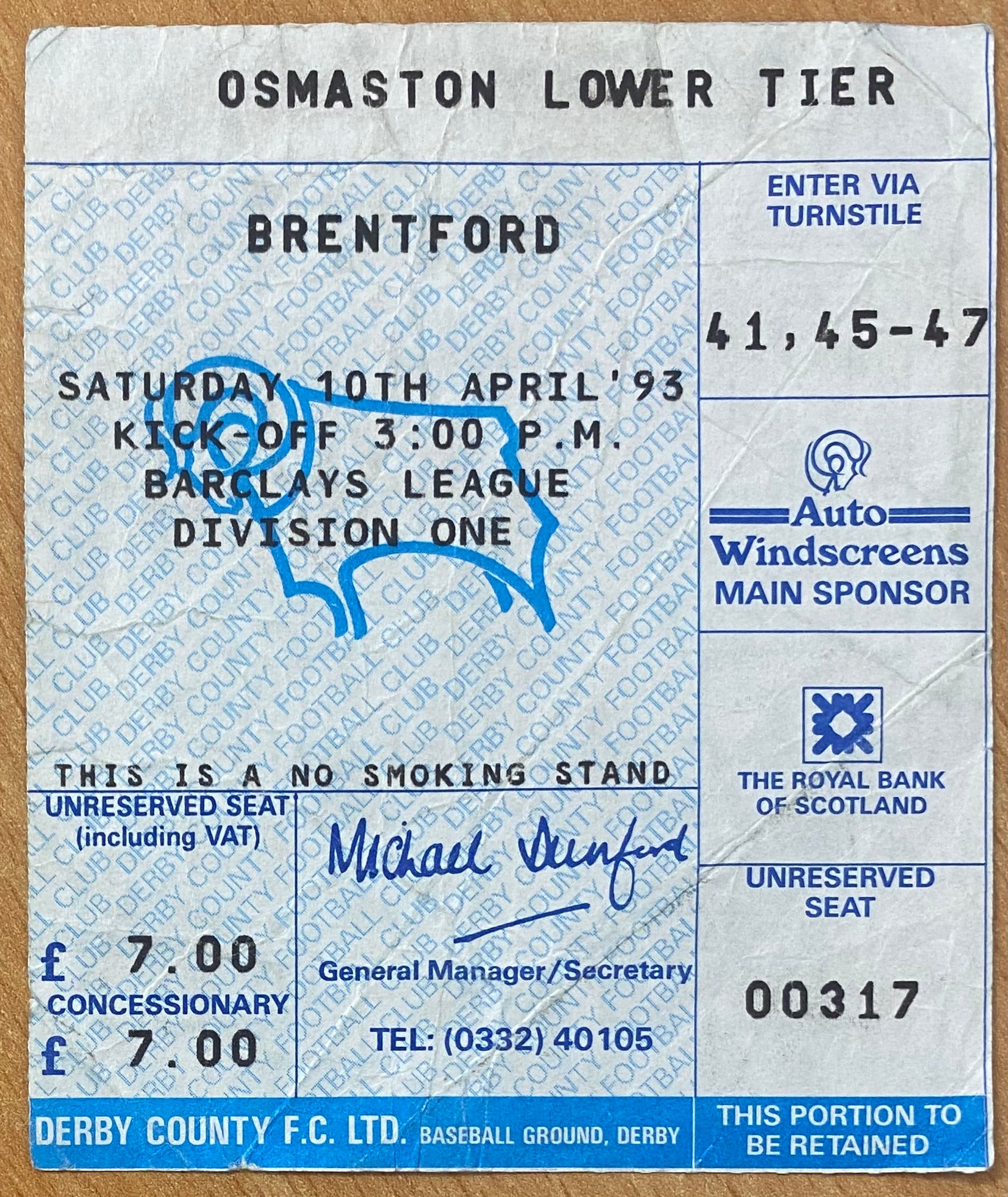 1992/93 ORIGINAL DIVISION ONE TICKET DERBY COUNTY V BRENTFORD