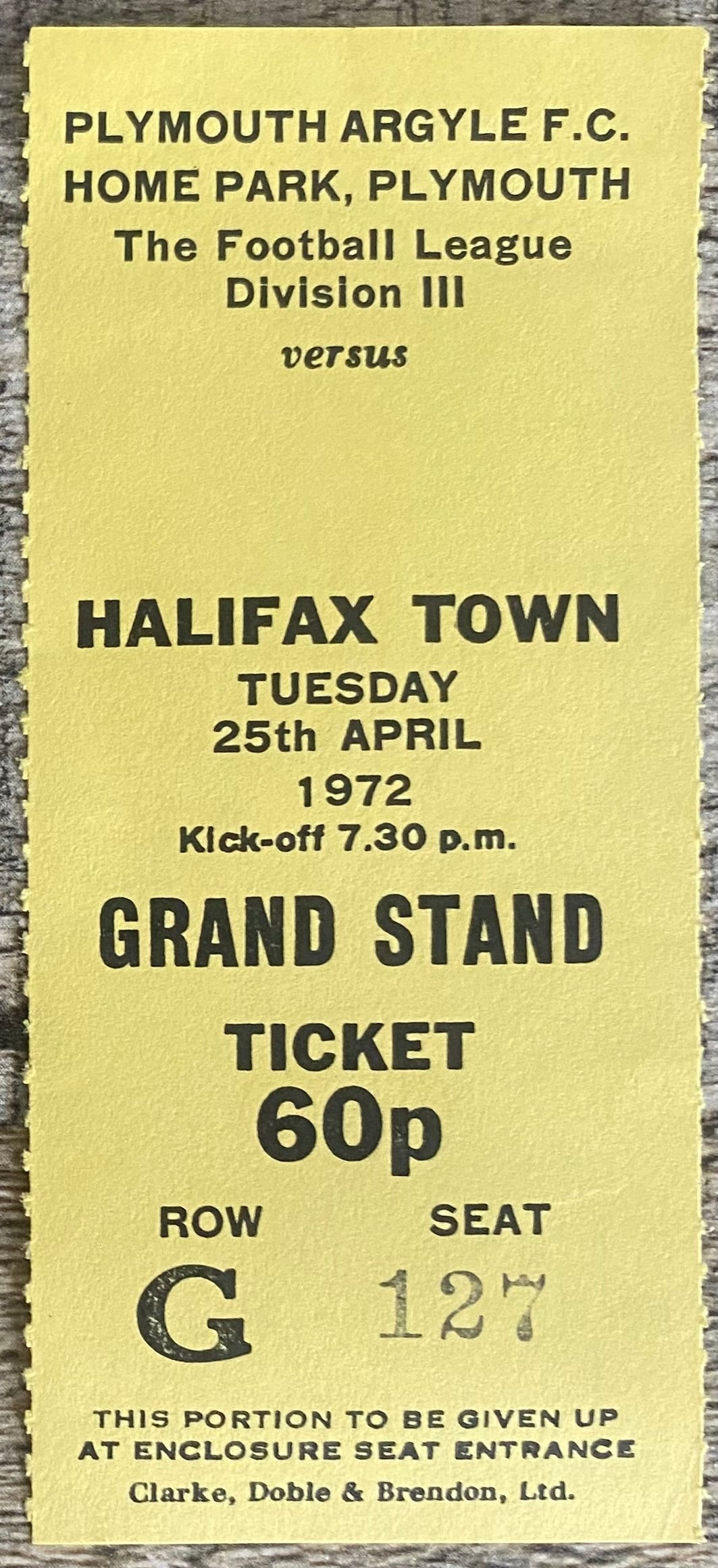1971/72 ORIGINAL DIVISION 3 TICKET PLYMOUTH ARGYLE V HALIFAX TOWN