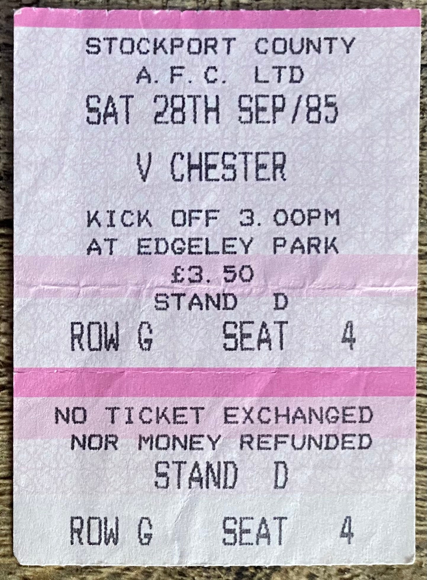 1985/86 ORIGINAL DIVISION 4 TICKET STOCKPORT COUNTY V CHESTER CITY