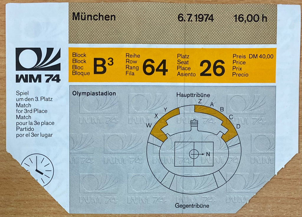 1974 ORIGINAL WORLD CUP 3RD PLACE PLAY OFF TICKET BRAZIL V POLAND @ MUNICH