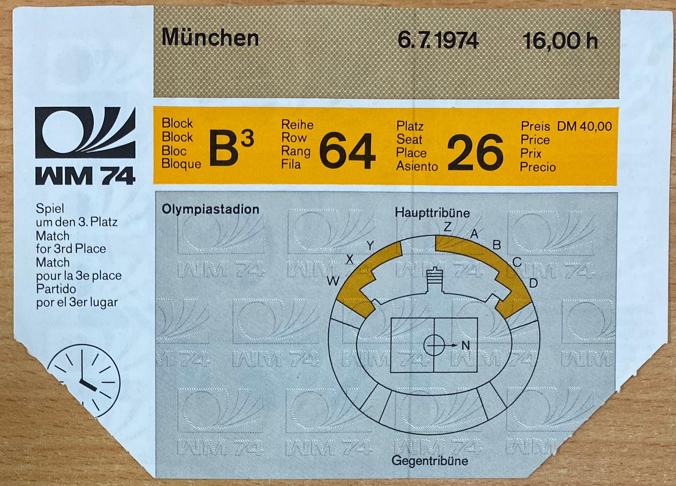 1974 ORIGINAL WORLD CUP 3RD PLACE PLAY OFF TICKET BRAZIL V POLAND @ MUNICH