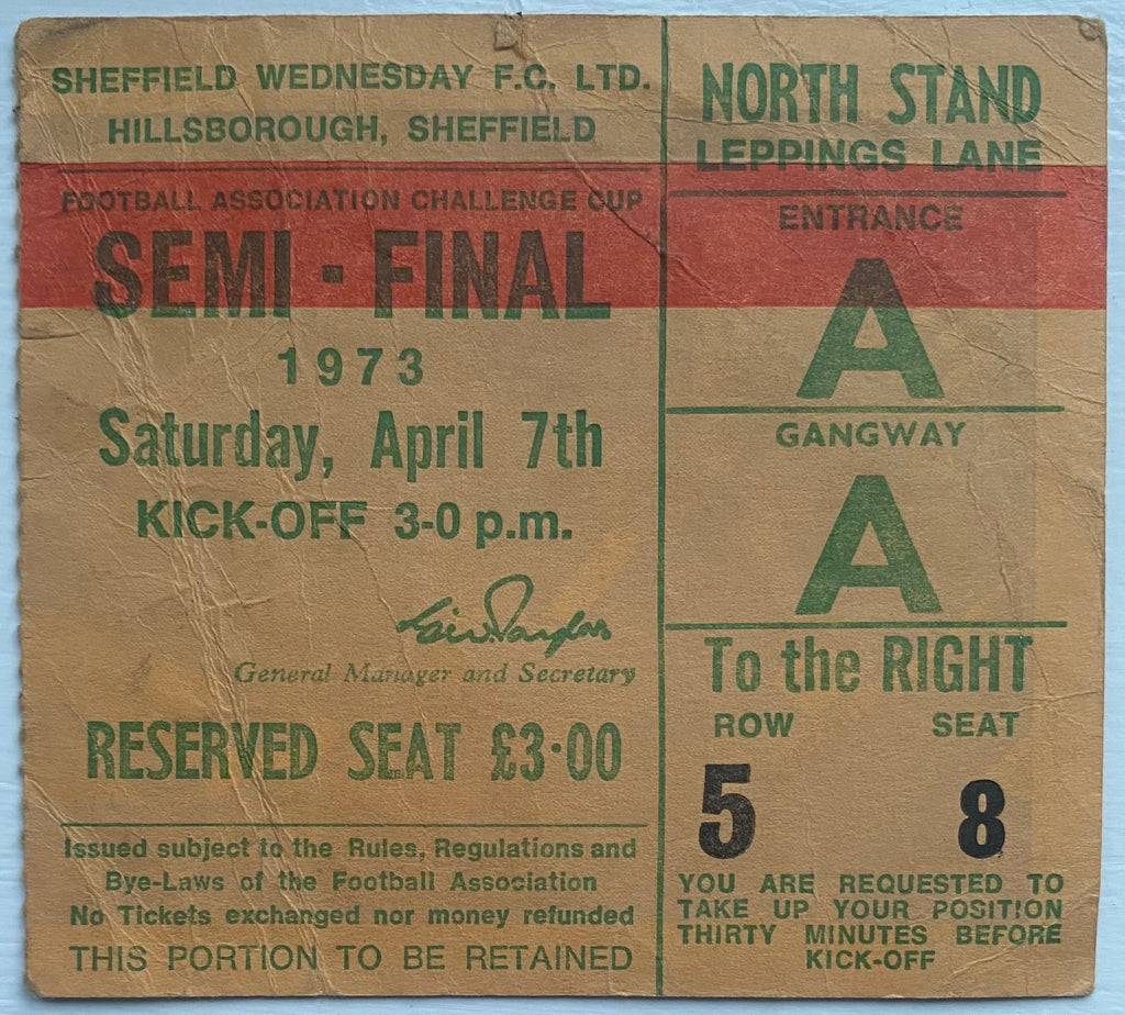 1973 ORIGINAL FA CUP SEMI FINAL TICKET ARSENAL V SUNDERLAND @HILLSBOROUGH