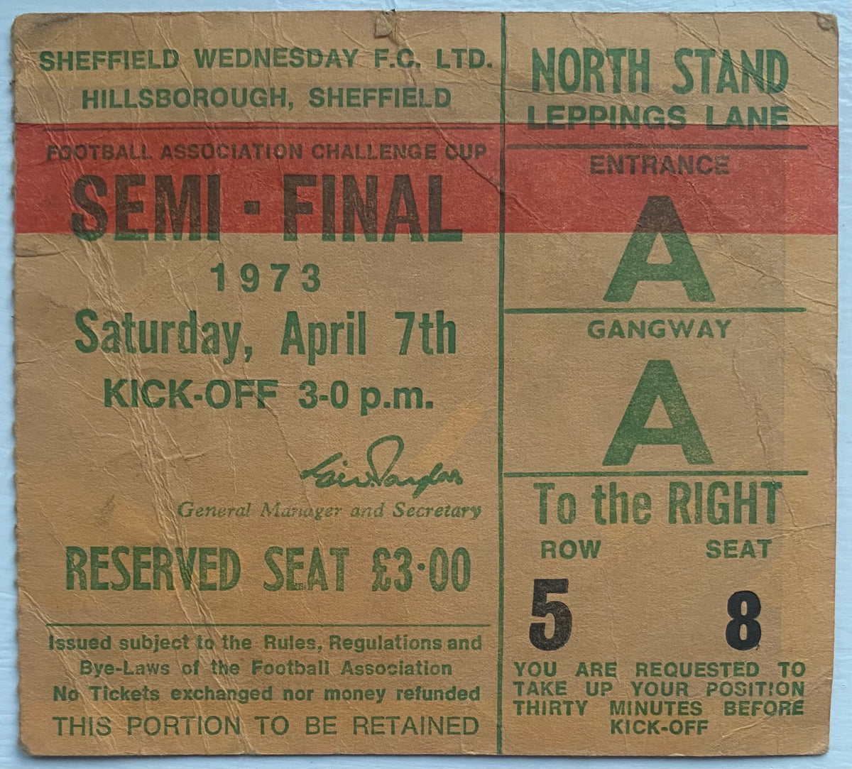 1973 ORIGINAL FA CUP SEMI FINAL TICKET ARSENAL V SUNDERLAND @HILLSBOROUGH