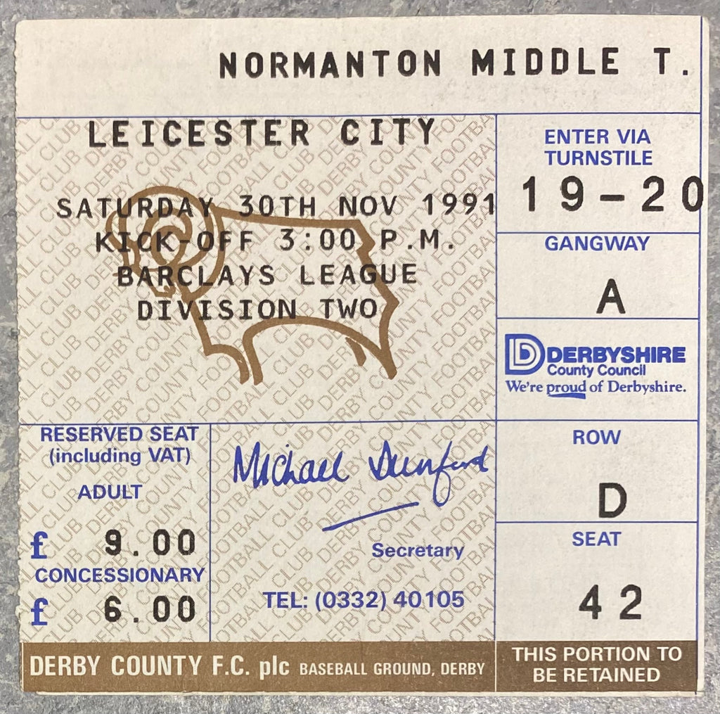 1991/92 ORIGINAL DIVISION TWO TICKET DERBY COUNTY V LEICESTER CITY