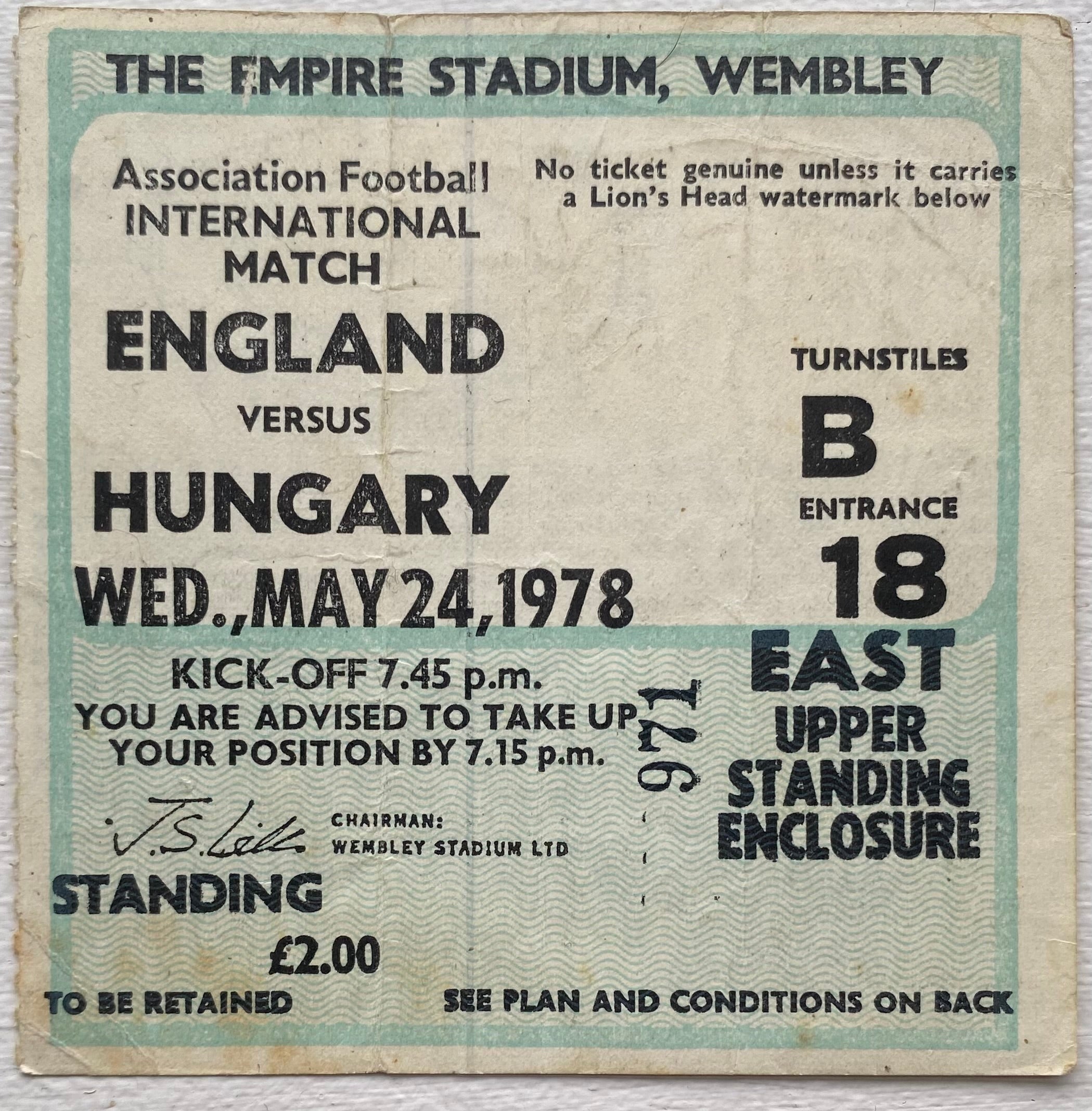 1978 ORIGINAL INTERNATIONAL TICKET ENGLAND V HUNGARY