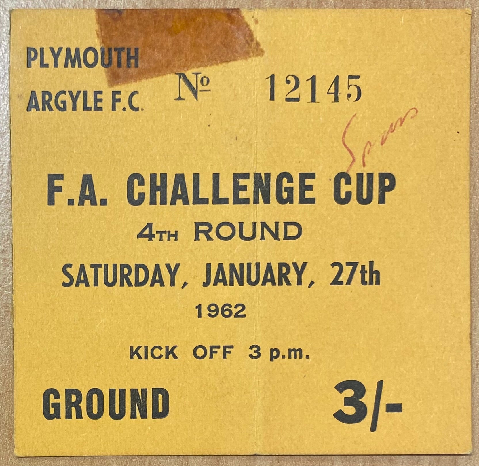 1961/62 ORIGINAL FA CUP 4TH ROUND TICKET PLYMOUTH ARGYLE V TOTTENHAM HOTSPUR