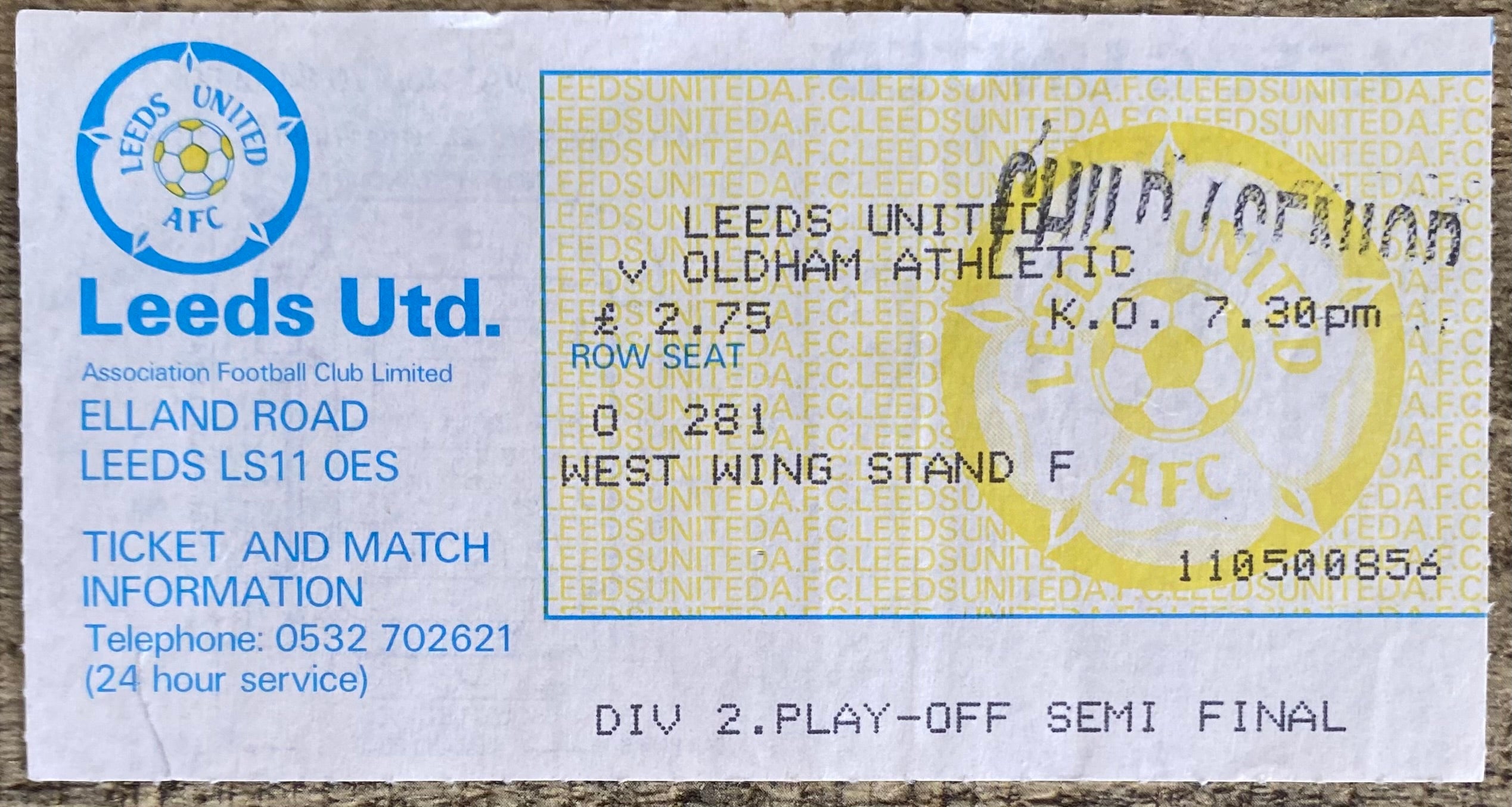 1986/87 ORIGINAL DIVISION 2 PLAY OFF SEMI FINAL 1ST LEG TICKET LEEDS UNITED V OLDHAM ATHLETIC