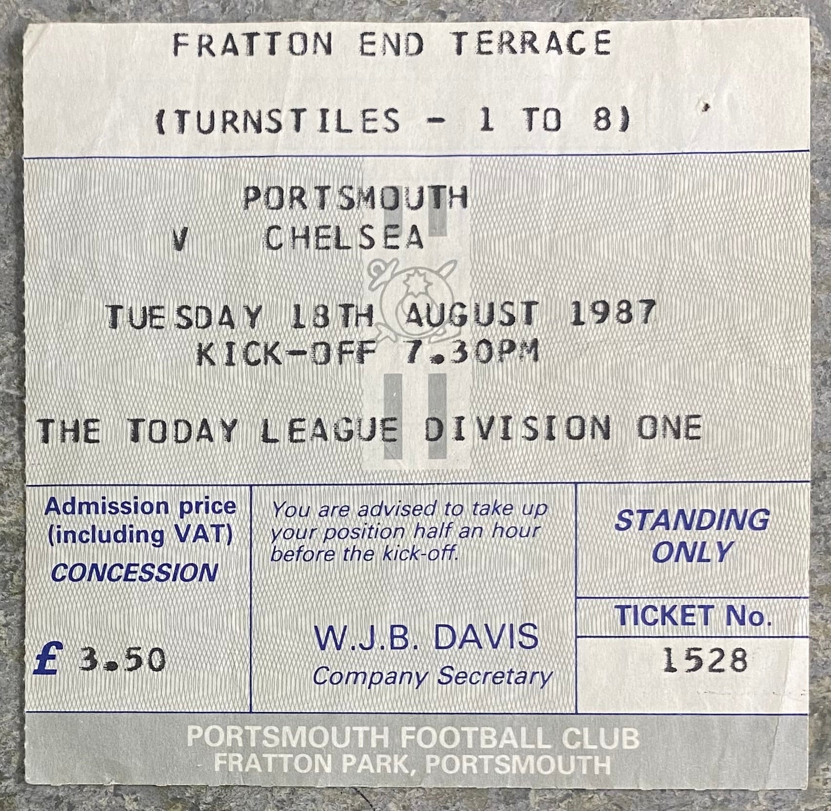 1987/88 ORIGINAL DIVISION 1 TICKET PORTSMOUTH V CHELSEA