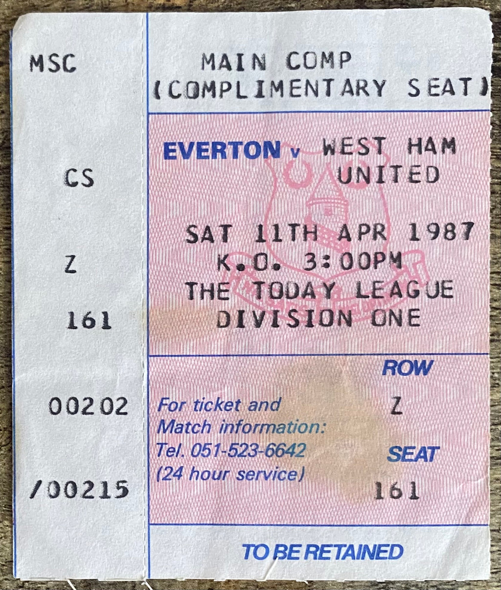 1986/87 ORIGINAL DIVISION ONE TICKET EVERTON V WEST HAM UNITED