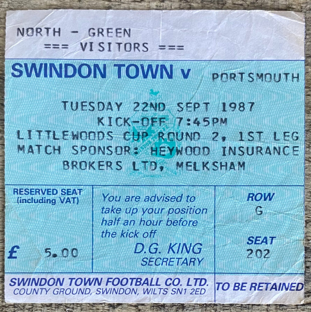 1987/88 ORIGINAL LITTLEWOODS CUP 2ND ROUND 1ST LEG TICKET SWINDON TOWN V PORTSMOUTH