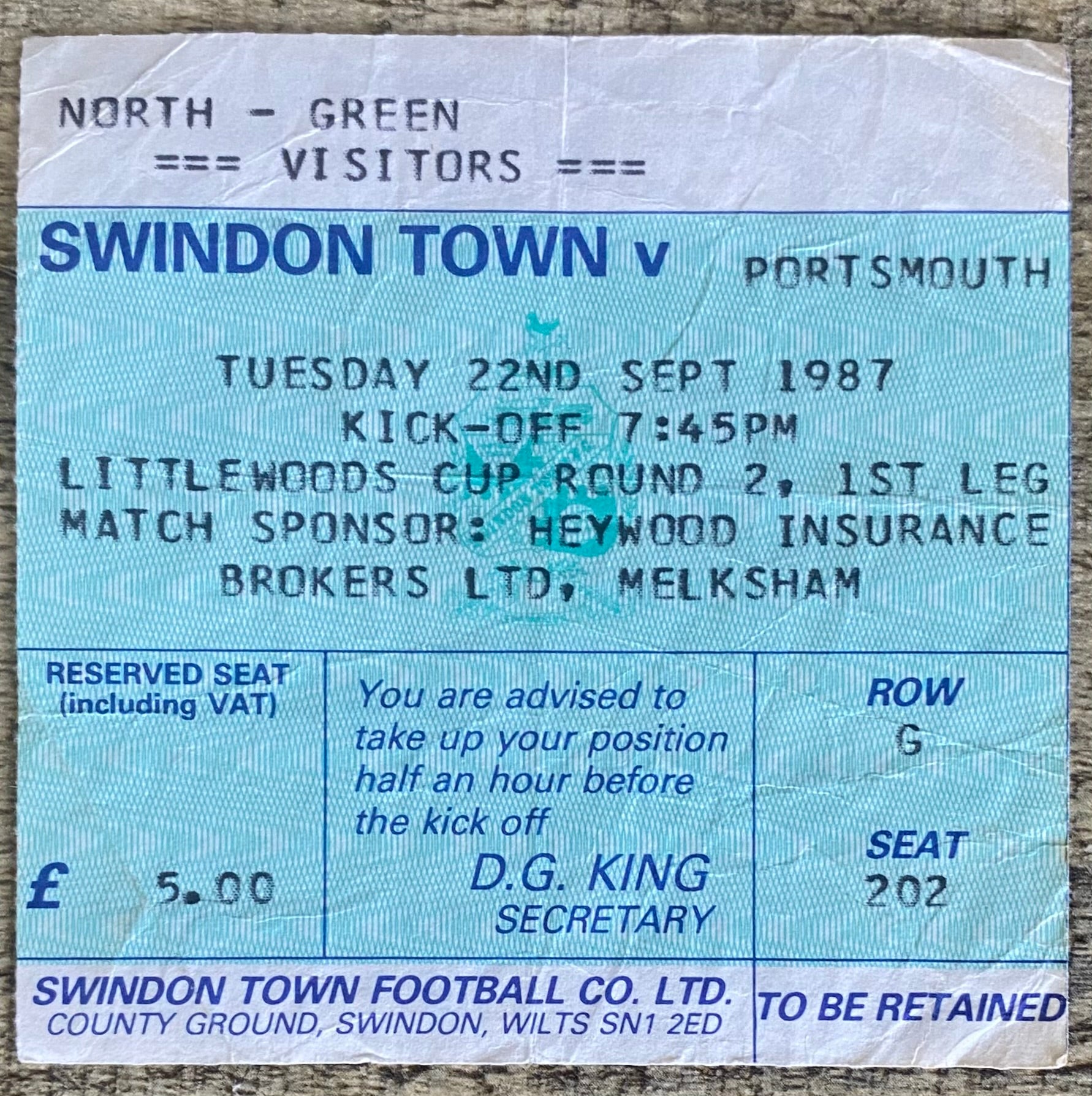 1987/88 ORIGINAL LITTLEWOODS CUP 2ND ROUND 1ST LEG TICKET SWINDON TOWN V PORTSMOUTH