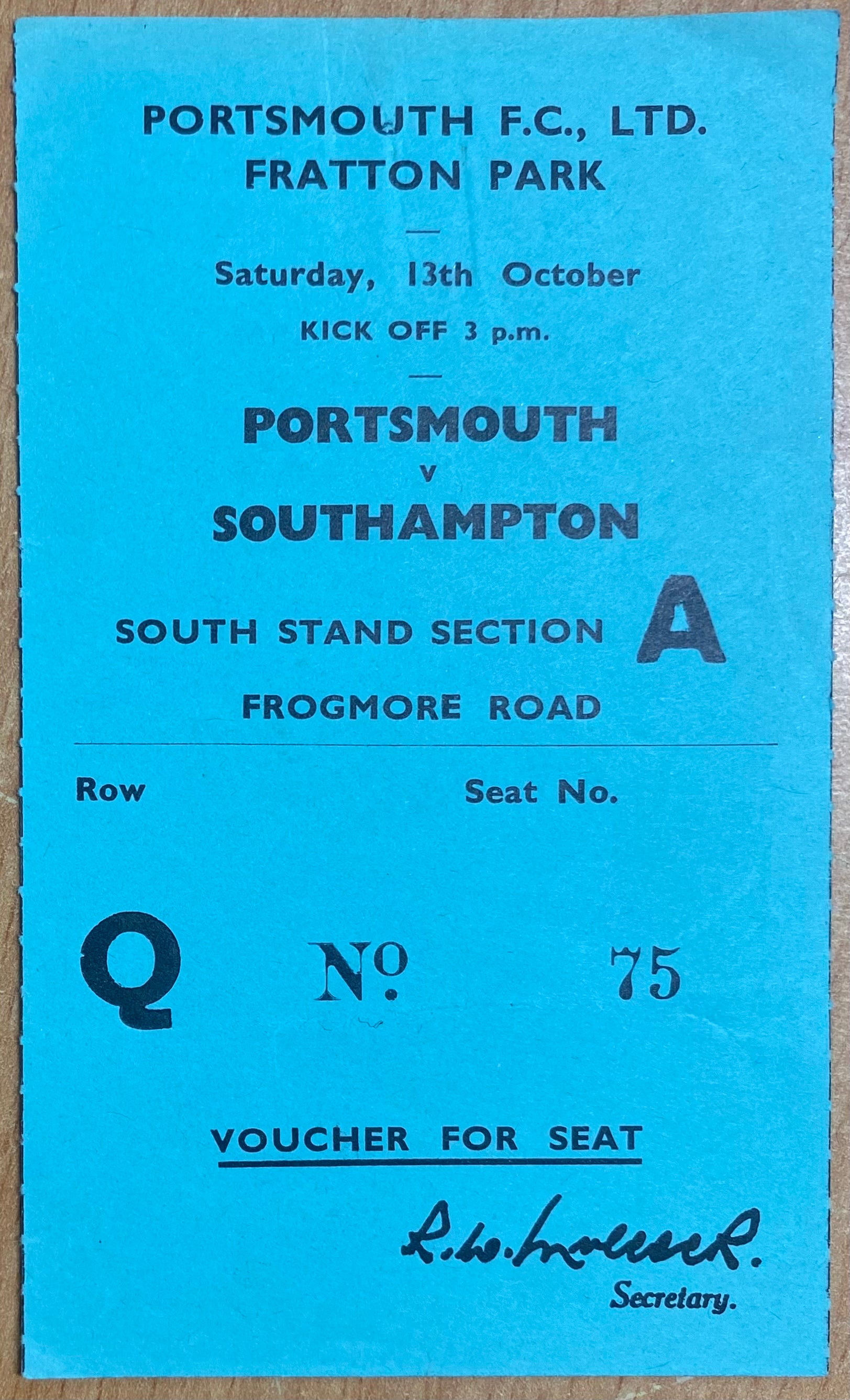 1962/63 ORIGINAL DIVISION 2 TICKET PORTSMOUTH V SOUTHAMPTON