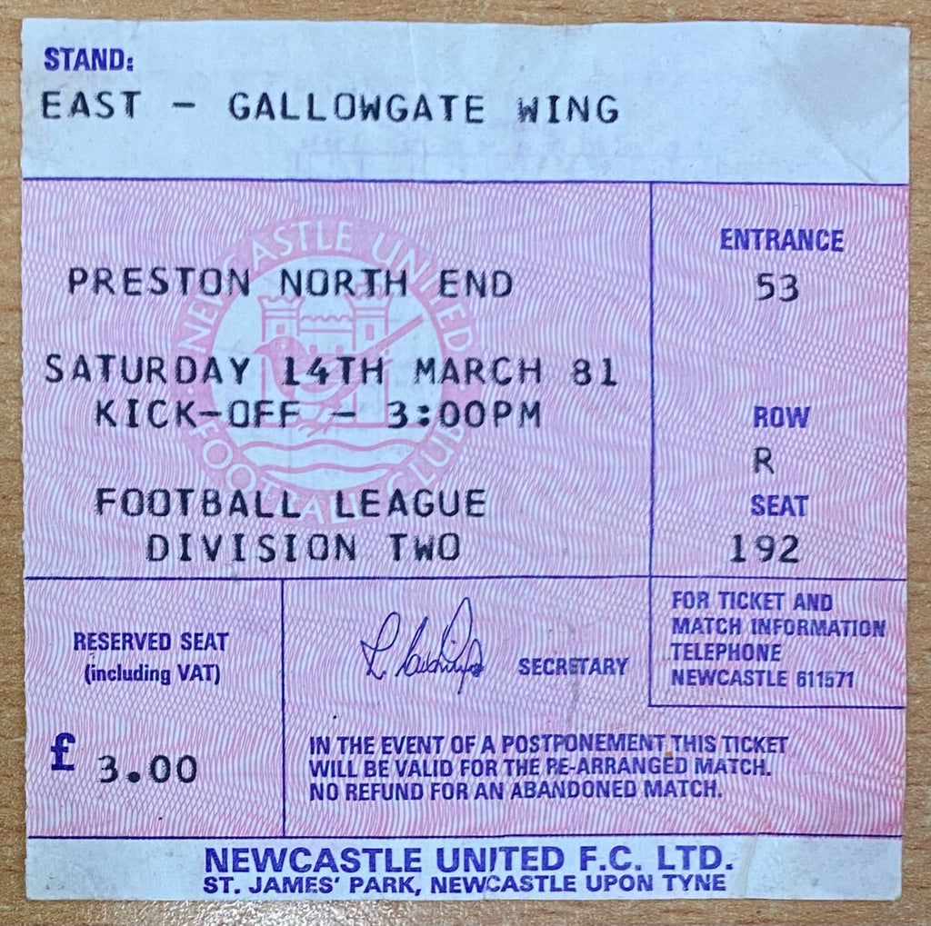 1980/81 ORIGINAL DIVISION TWO TICKET NEWCASTLE UNITED V PRESTON NORTH END