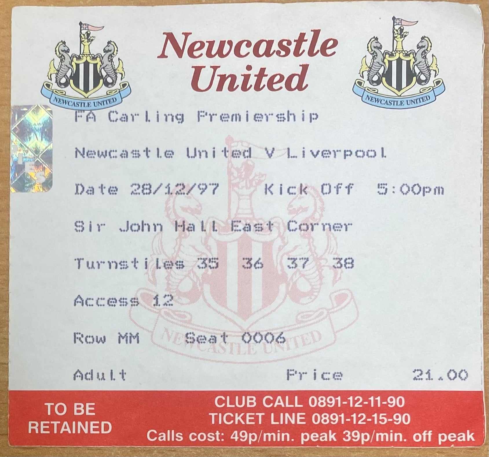 1997/98 ORIGINAL FA CARLING PREMIERSHIP TICKET NEWCASTLE UNITED V LIVERPOOL