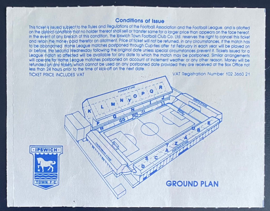 1992/93 ORIGINAL PREMIER LEAGUE TICKET IPSWICH TOWN V NOTTINGHAM FOREST