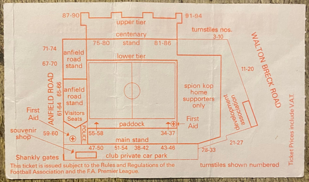 1992/93 ORIGINAL PREMIER LEAGUE TICKET LIVERPOOL V NOTTINGHAM FOREST