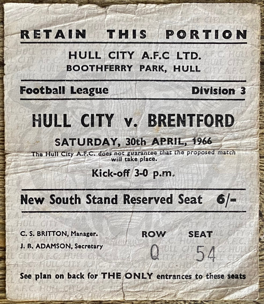 1965/66 ORIGINAL DIVISION 3 TICKET HULL CITY V BRENTFORD