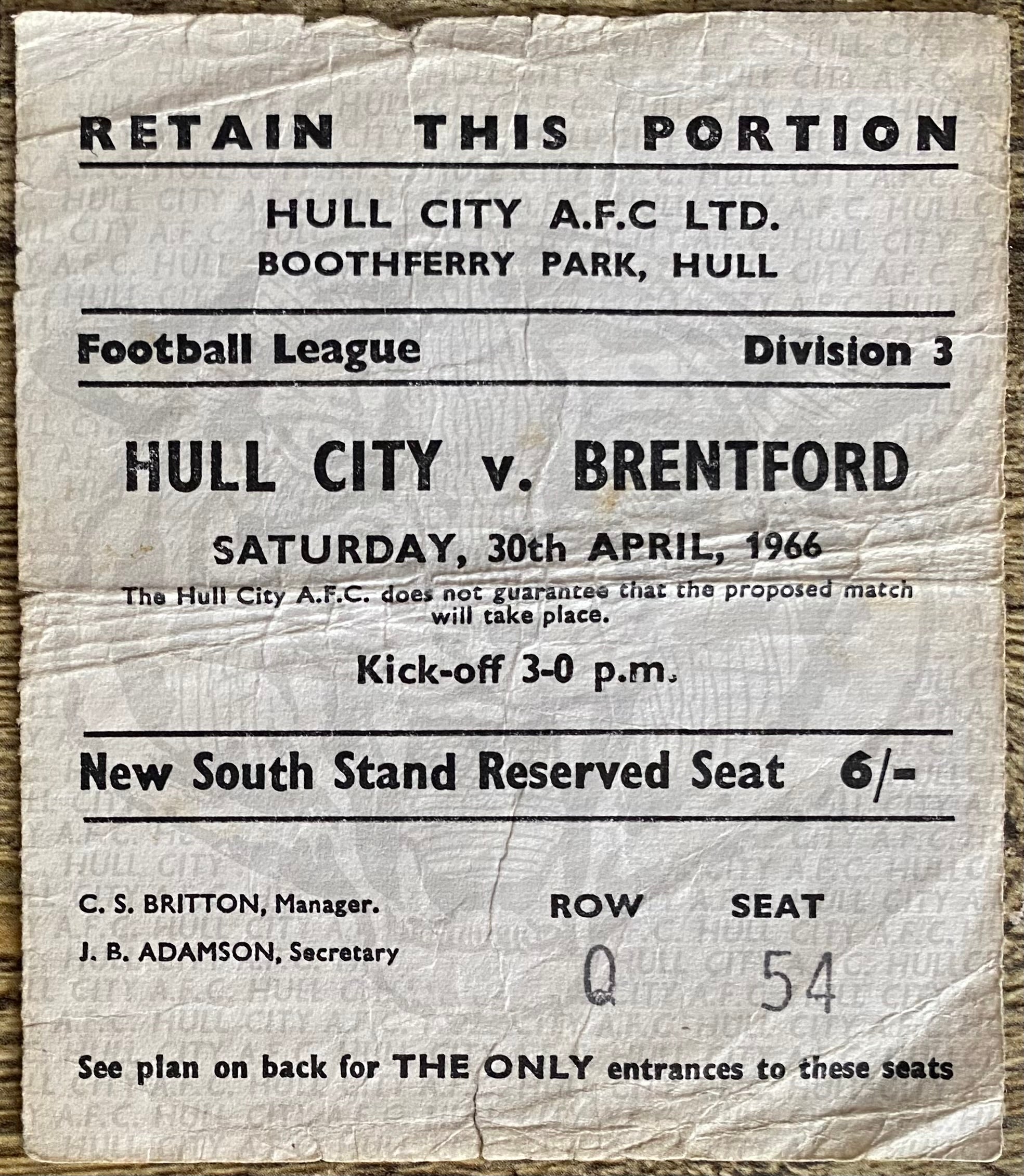 1965/66 ORIGINAL DIVISION 3 TICKET HULL CITY V BRENTFORD