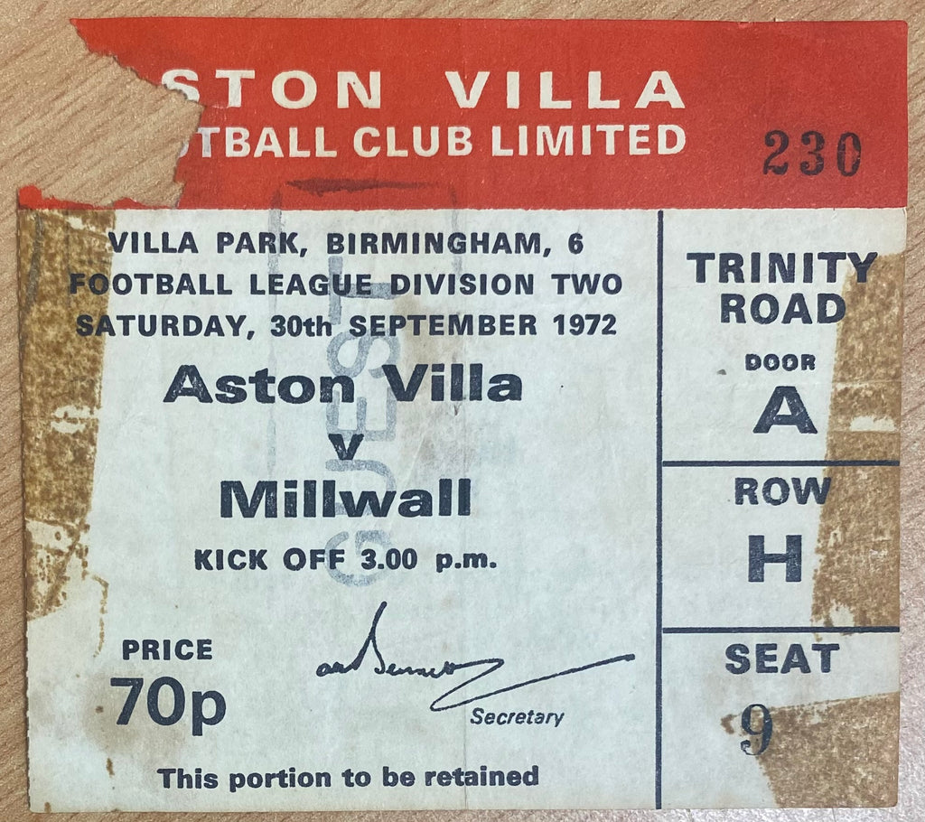 1972/73 ORIGINAL DIVISION 2 TICKET ASTON VILLA V MILLWALL