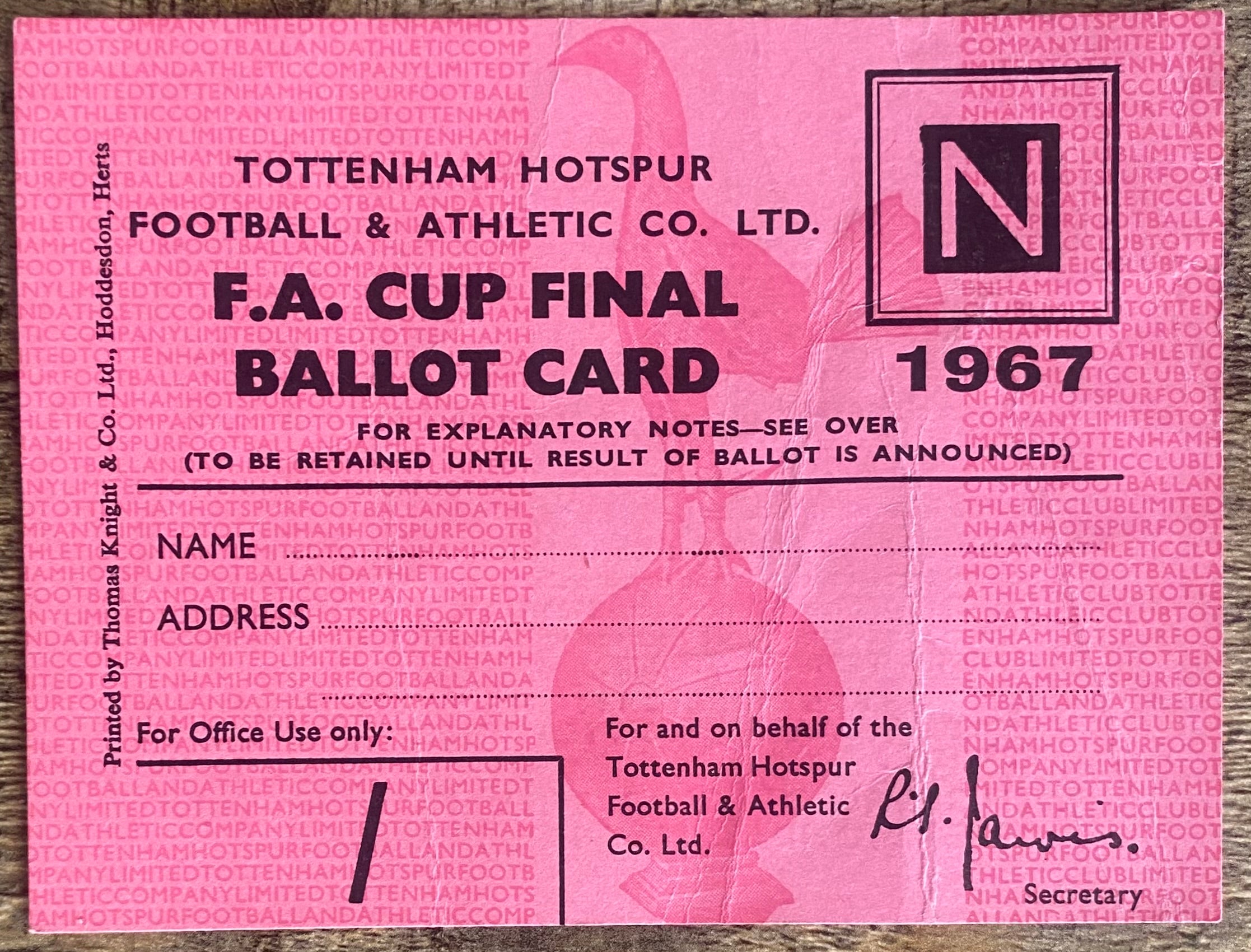 1967 ORIGINAL FA CUP FINAL TICKET TOTTENHAM HOTSPUR BALLOT CARD