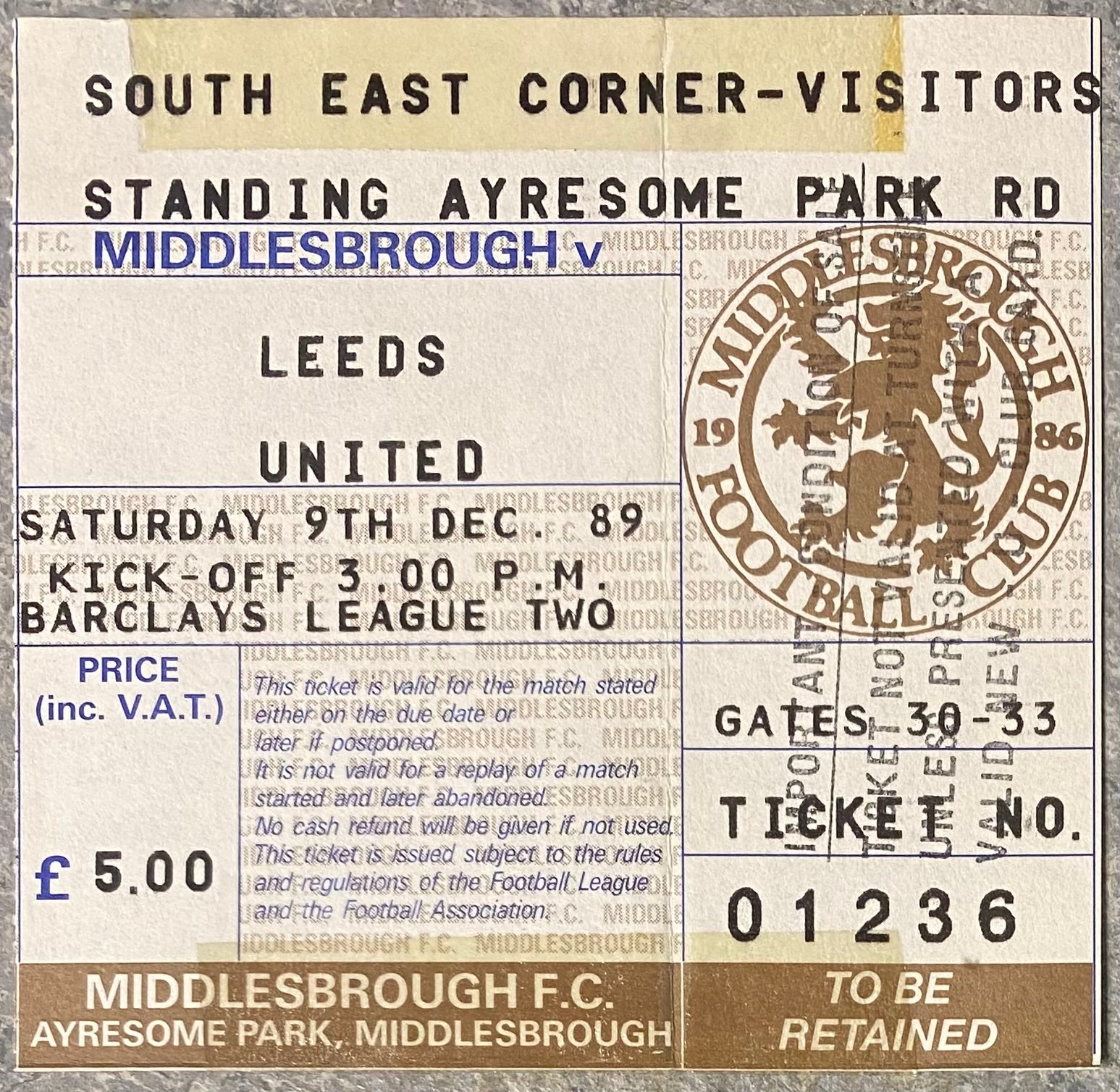 1989/90 ORIGINAL DIVISION TWO TICKET MIDDLESBROUGH V LEEDS UNITED