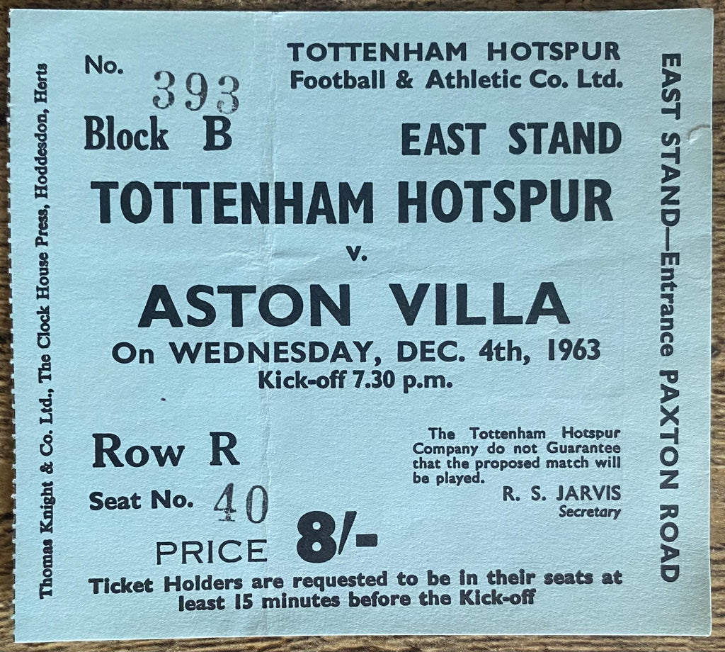 1963/64 ORIGINAL DIVISION ONE TICKET TOTTENHAM HOTSPUR V ASTON VILLA