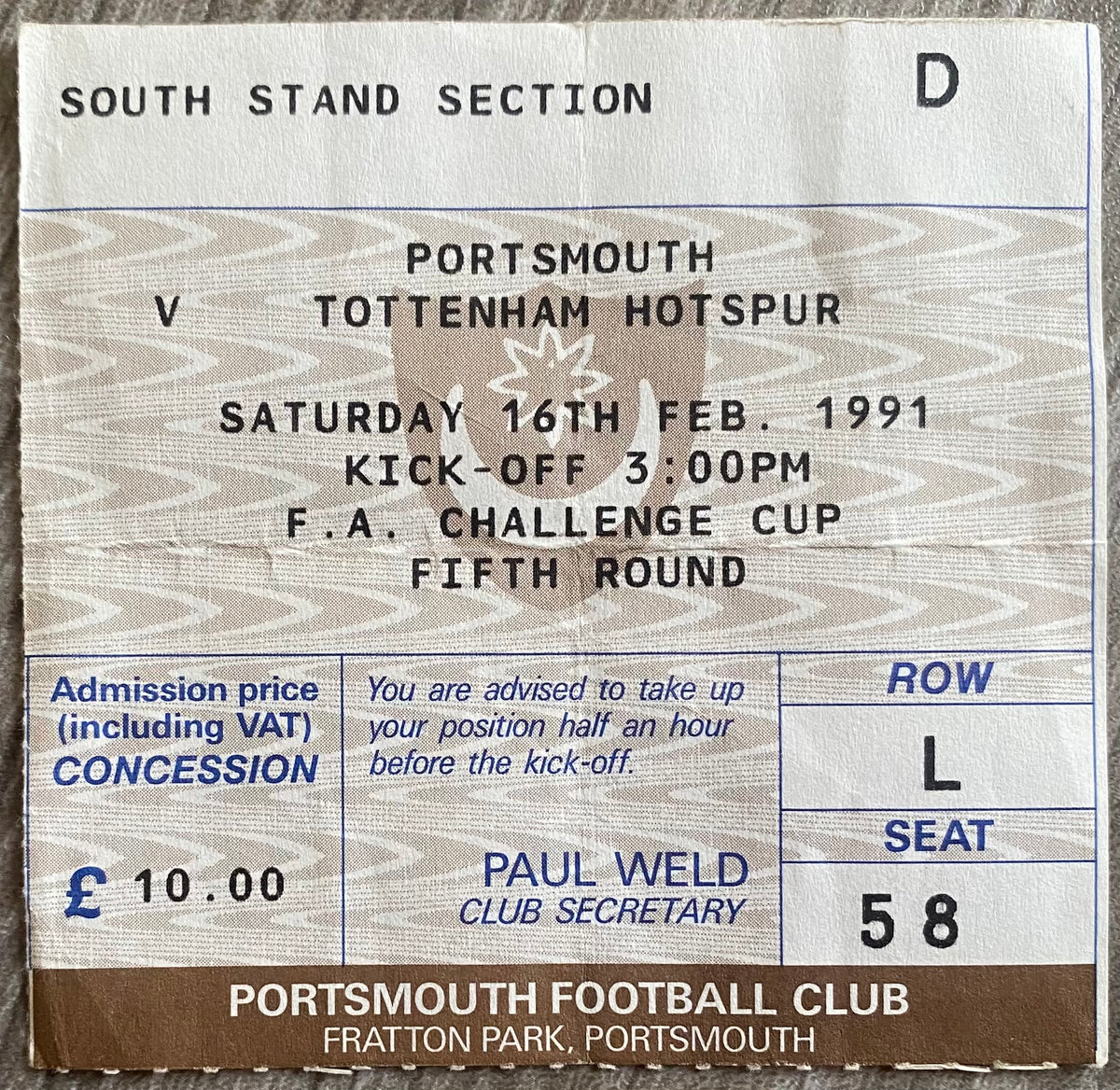 1990/91 ORIGINAL FA CUP 5TH ROUND TICKET PORTSMOUTH V TOTTENHAM HOTSPUR