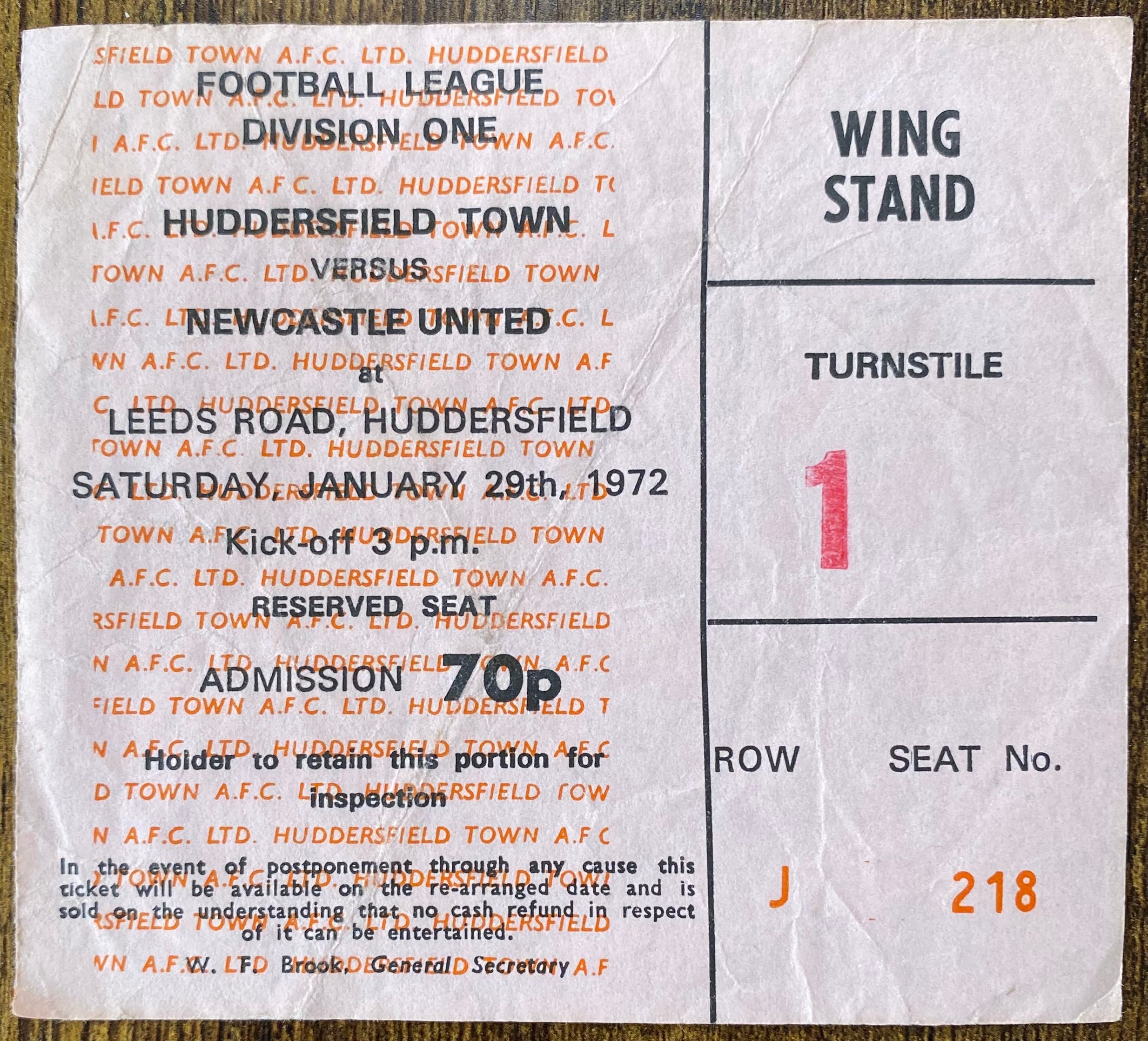 1971/72 ORIGINAL DIVISION 1 TICKET HUDDERSFIELD TOWN V NEWCASTLE UNITED