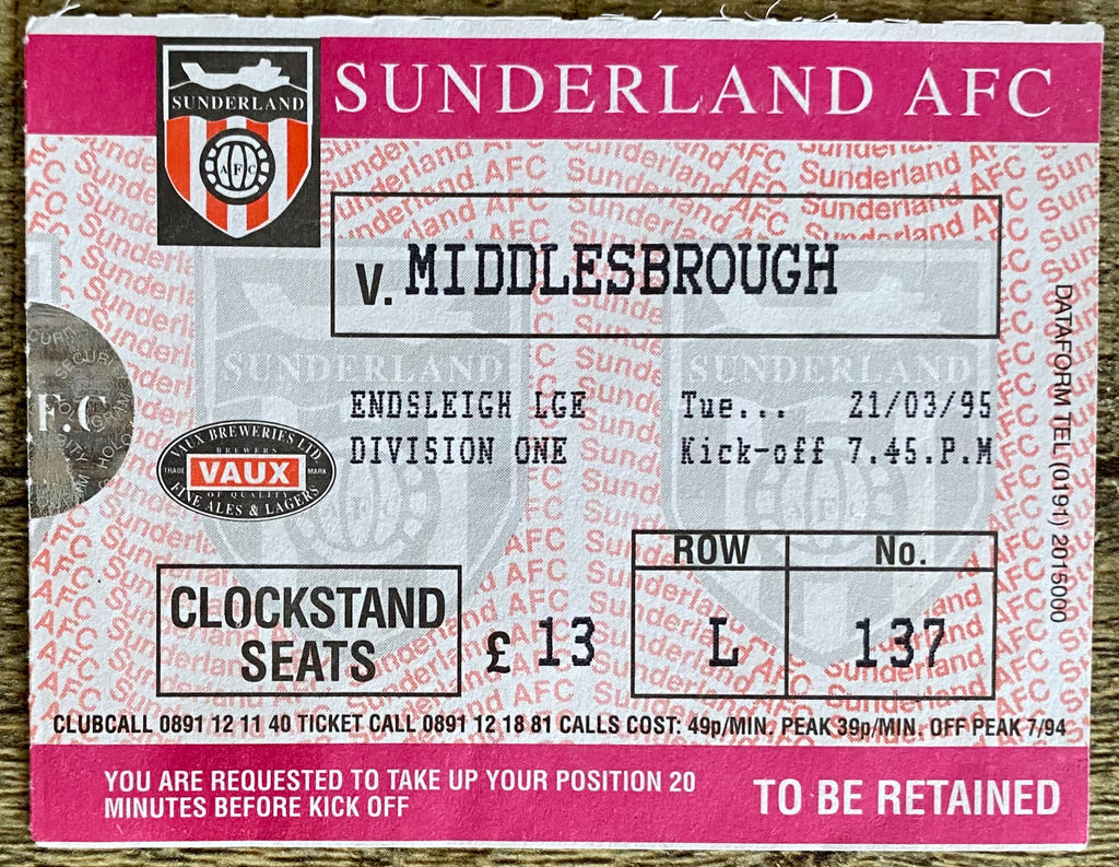 1994/95 ORIGINAL DIVISION ONE TICKET SUNDERLAND v MIDDLESBROUGH