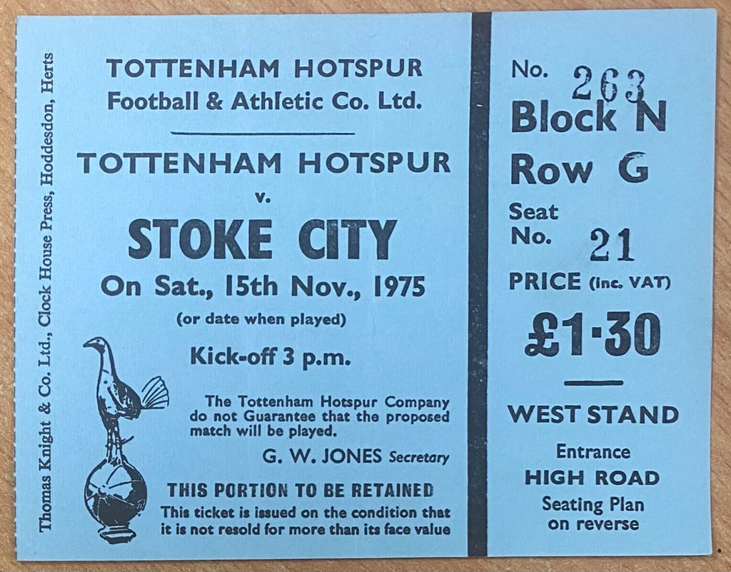 1975/76 ORIGINAL DIVISION ONE TICKET TOTTENHAM HOTSPUR V STOKE CITY