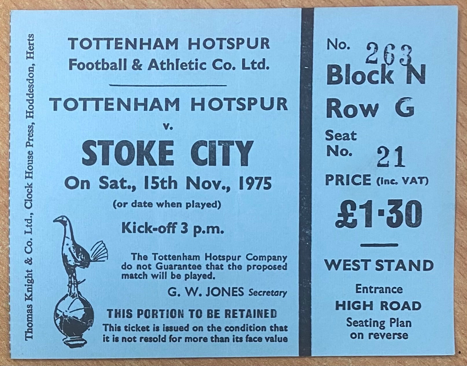 1975/76 ORIGINAL DIVISION ONE TICKET TOTTENHAM HOTSPUR V STOKE CITY