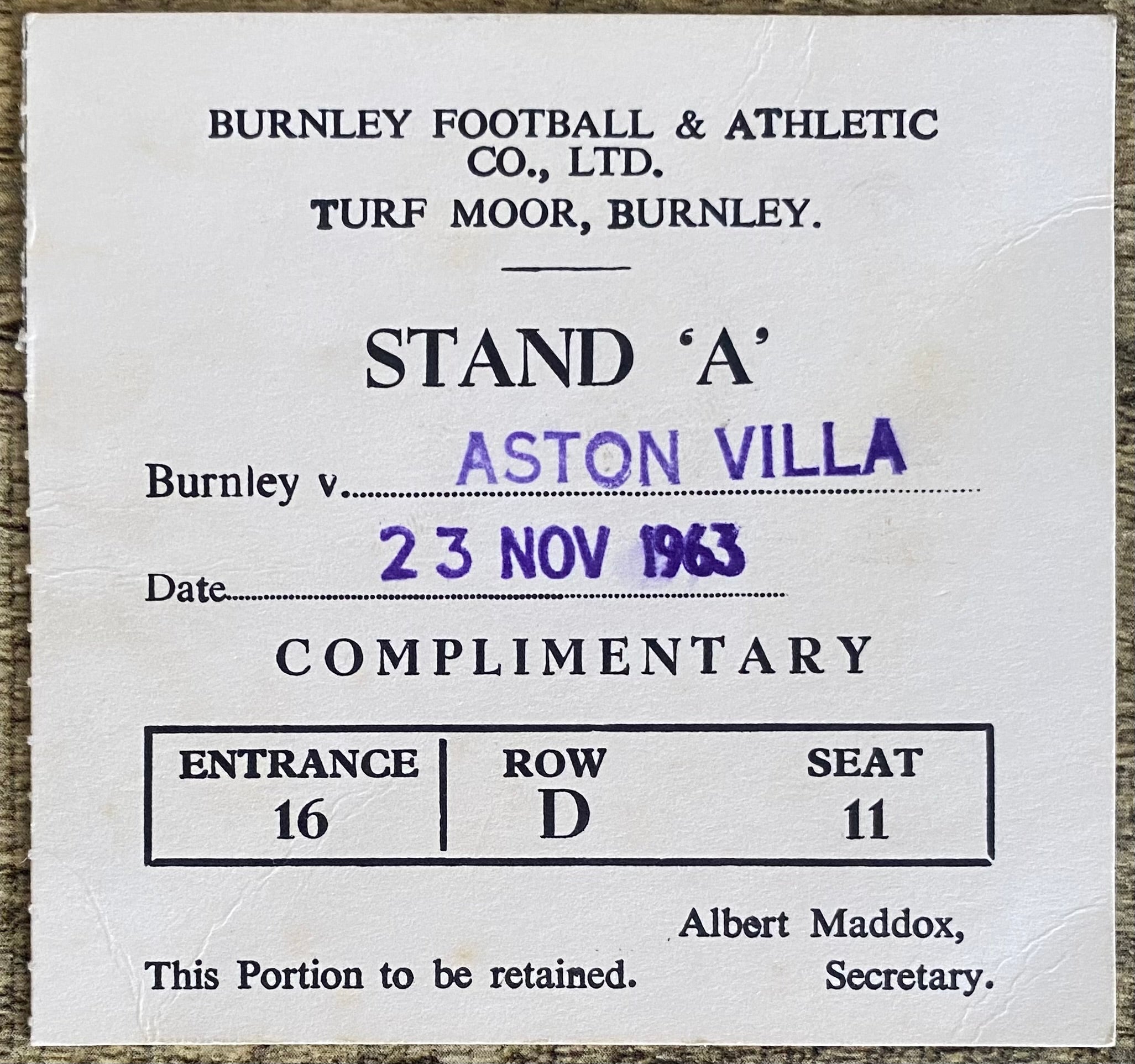 1963/64 ORIGINAL DIVISION 1 TICKET BURNLEY V ASTON VILLA