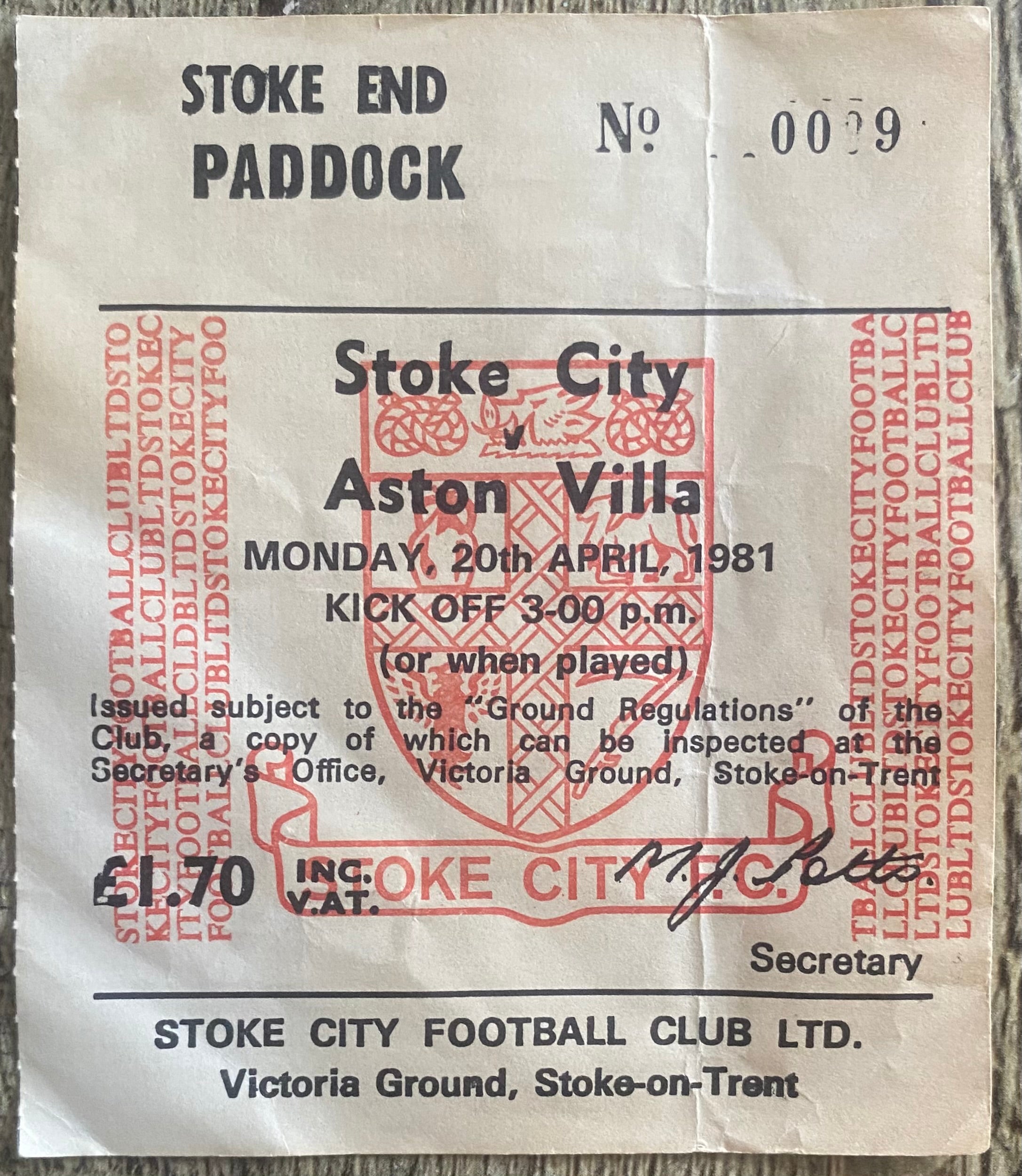 1980/81 ORIGINAL DIVISION 1 TICKET STOKE CITY V ASTON VILLA