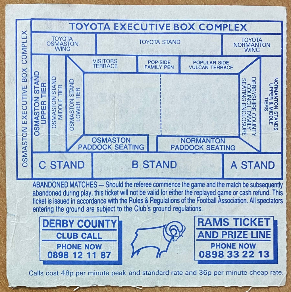 1992/93 ORIGINAL DIVISION ONE TICKET DERBY COUNTY V PORTSMOUTH