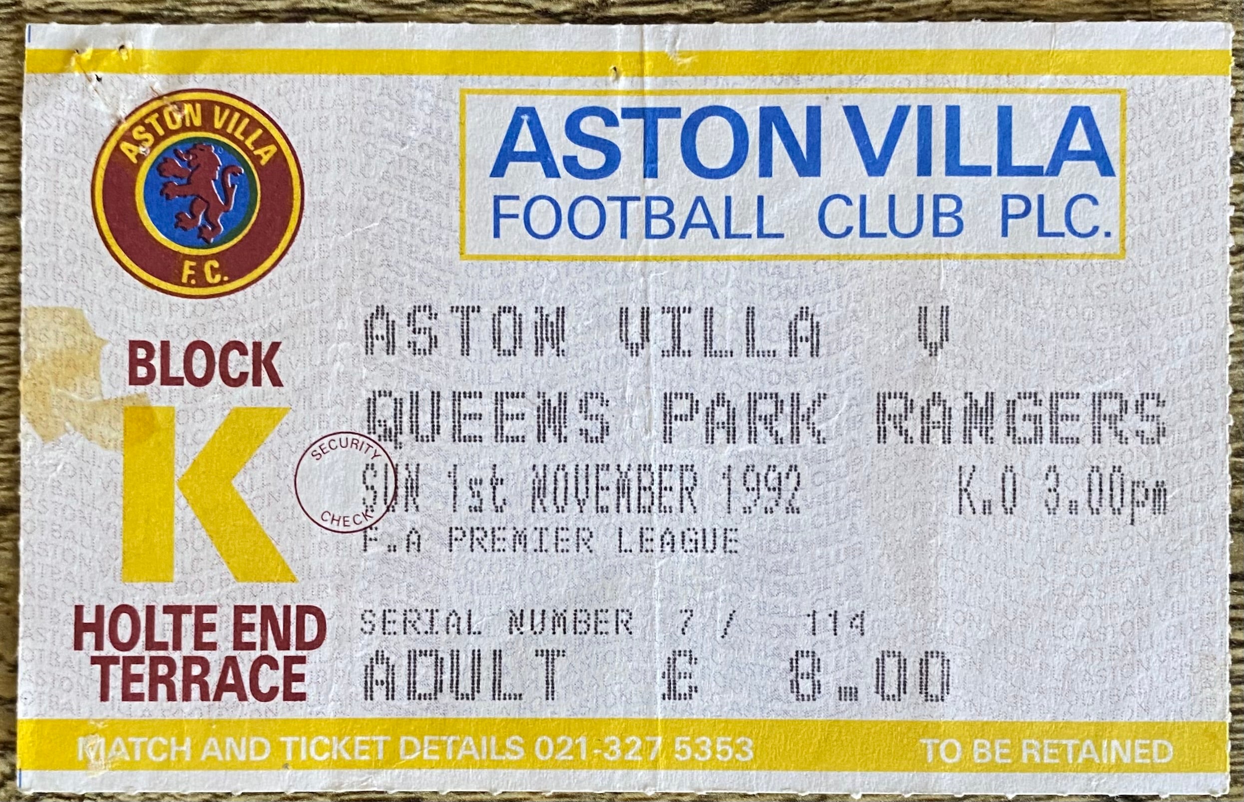 1992/93 ORIGINAL PREMIER LEAGUE TICKET ASTON VILLA V QUEENS PARK RANGERS