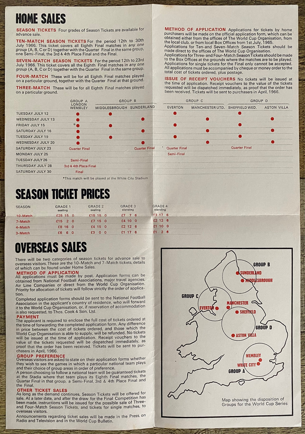 1966 WORLD CUP ORIGINAL OFFICIAL TICKET INFORMATION FOLD OUT BOOKLET