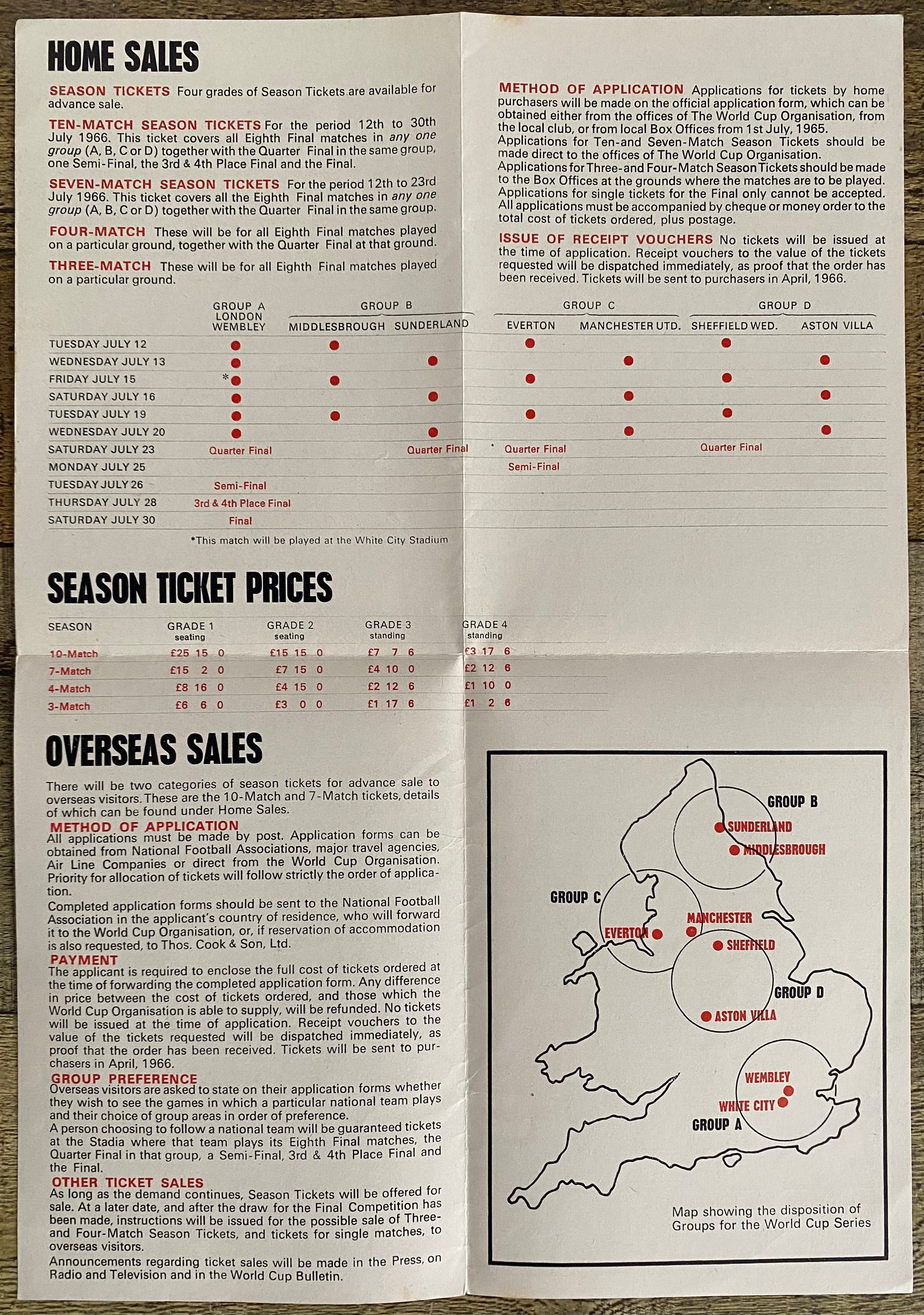 1966 WORLD CUP ORIGINAL OFFICIAL TICKET INFORMATION FOLD OUT BOOKLET