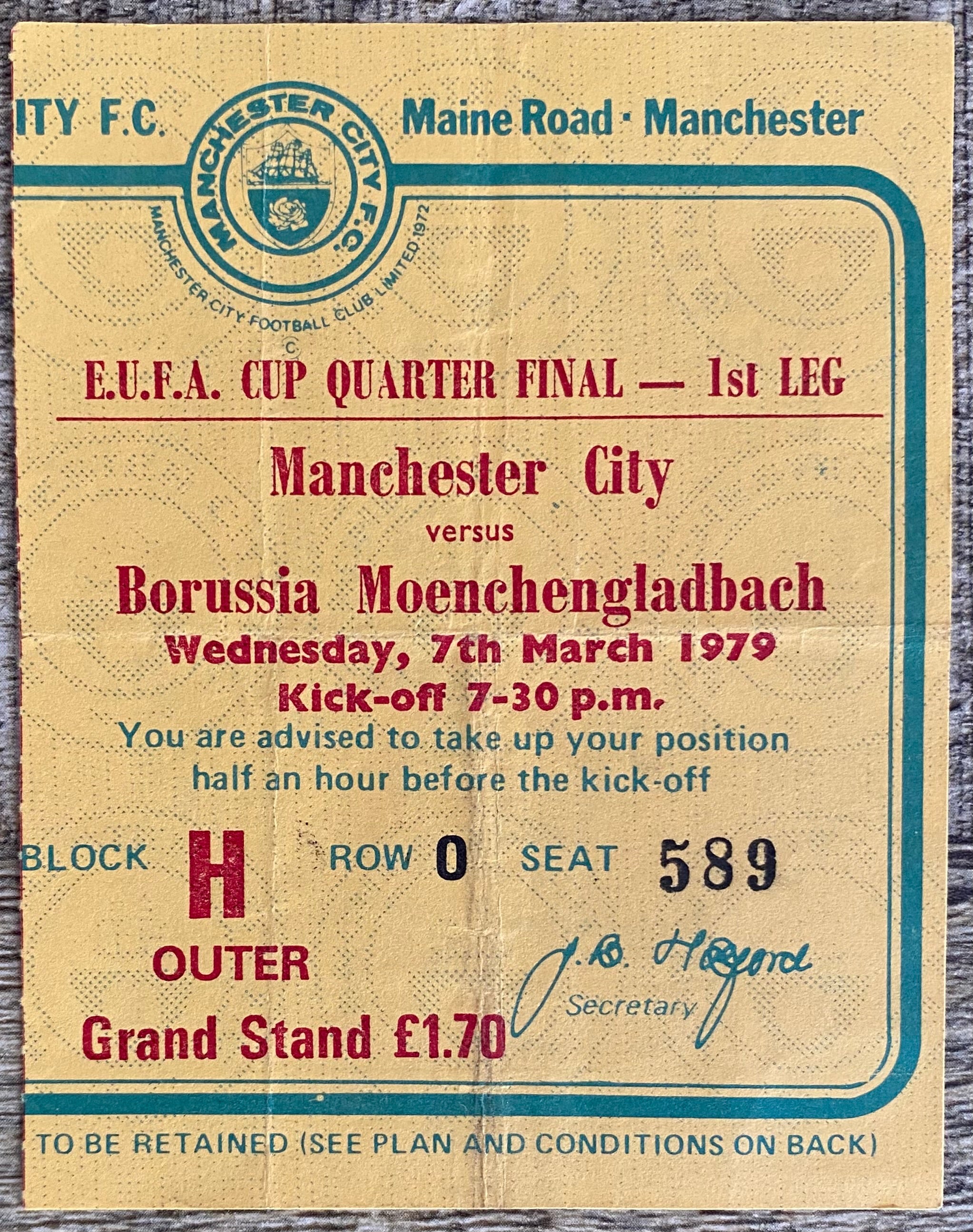 1978/79 ORIGINAL UEFA CUP QUARTER FINAL 1ST LEG TICKET MANCHESTER CITY V BORUSSIA MOENCHENGLADBACH
