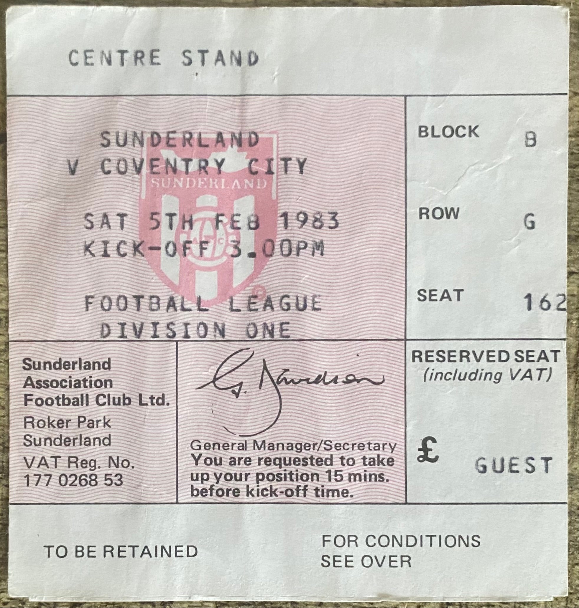 1982/83 ORIGINAL DIVISION ONE TICKET SUNDERLAND V COVENTRY CITY