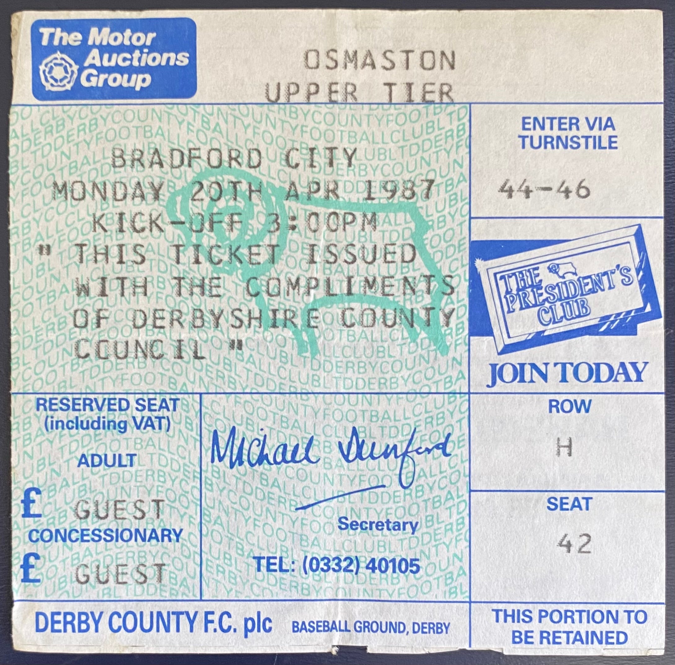 1986/87 ORIGINAL DIVISION 2 TICKET DERBY COUNTY V BRADFORD CITY