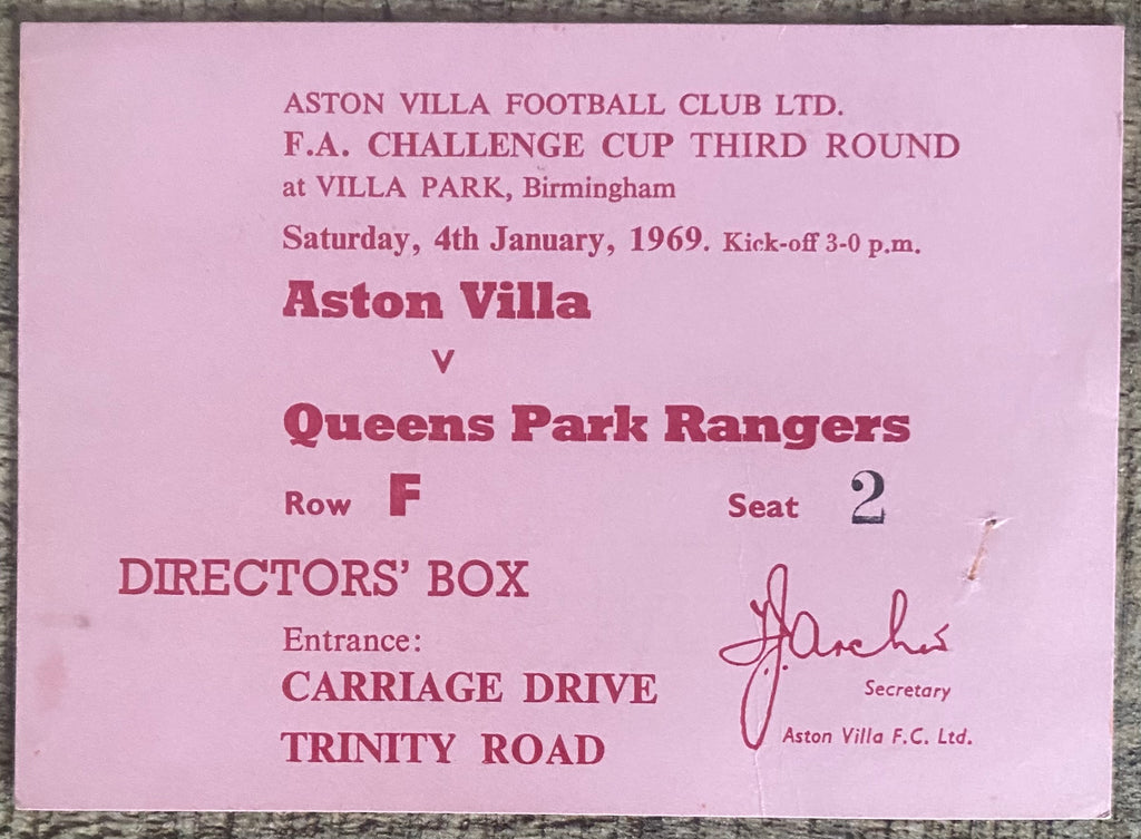 1959/60 ORIGINAL FA CUP 3RD ROUND TICKET ASTON VILLA V QUEENS PARK RANGERS