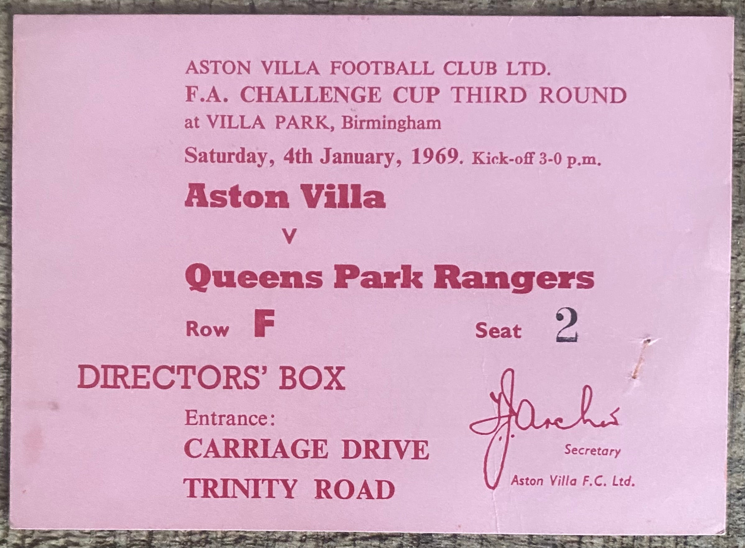 1959/60 ORIGINAL FA CUP 3RD ROUND TICKET ASTON VILLA V QUEENS PARK RANGERS