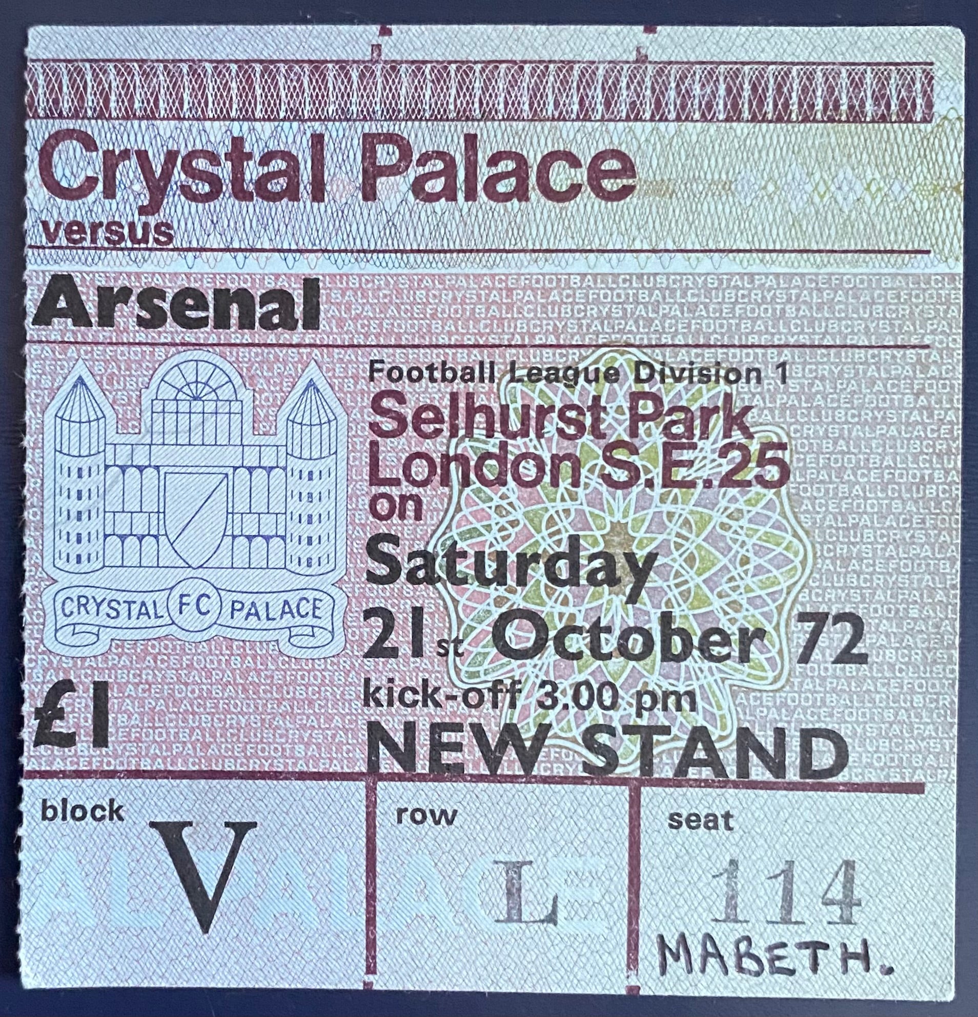 1972/73 ORIGINAL DIVISION 1 TICKET CRYSTAL PALACE V ARSENAL