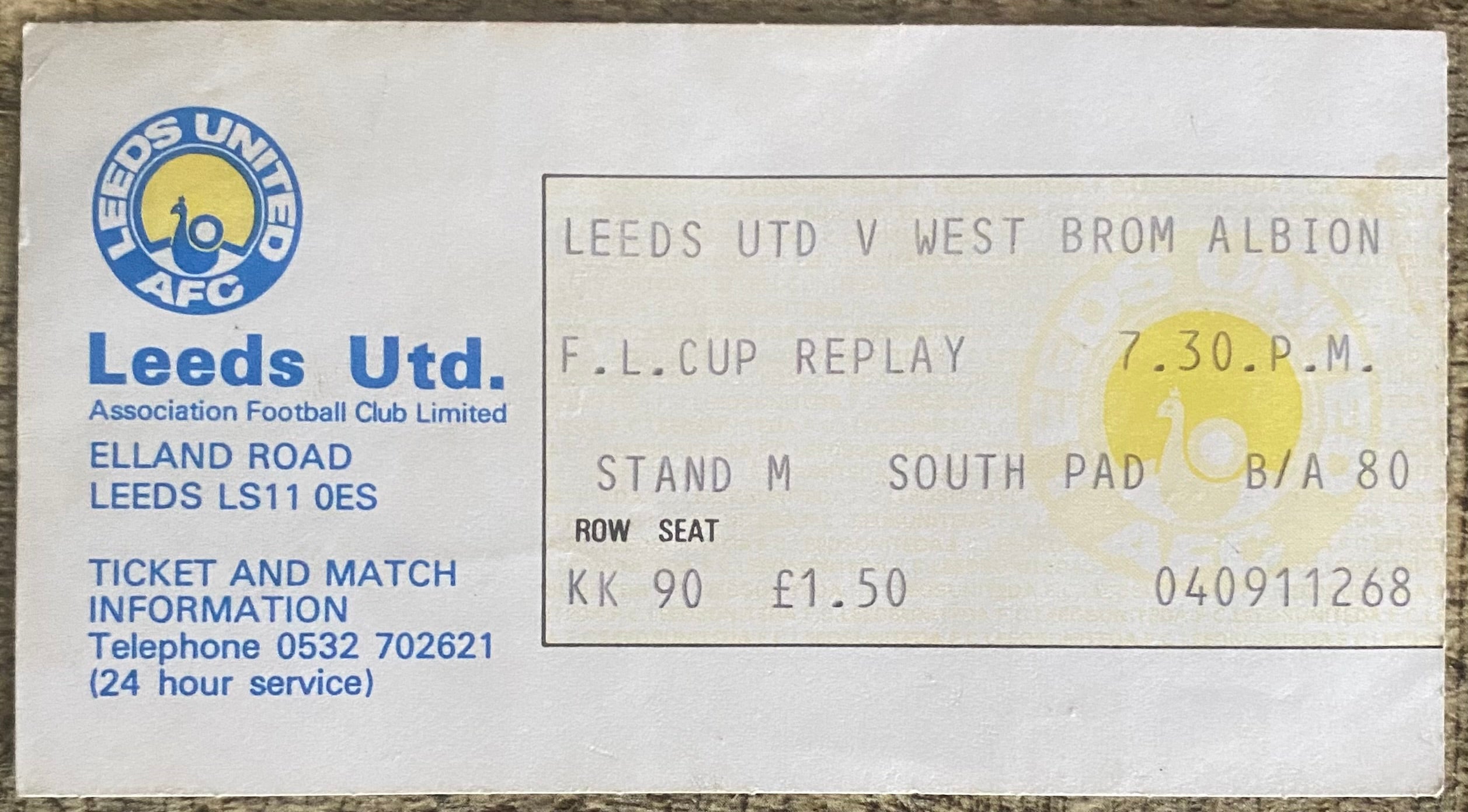 1978/79 ORIGINAL LEAGUE CUP 2ND ROUND TICKET LEEDS UNITED V WEST BROMWICH ALBION