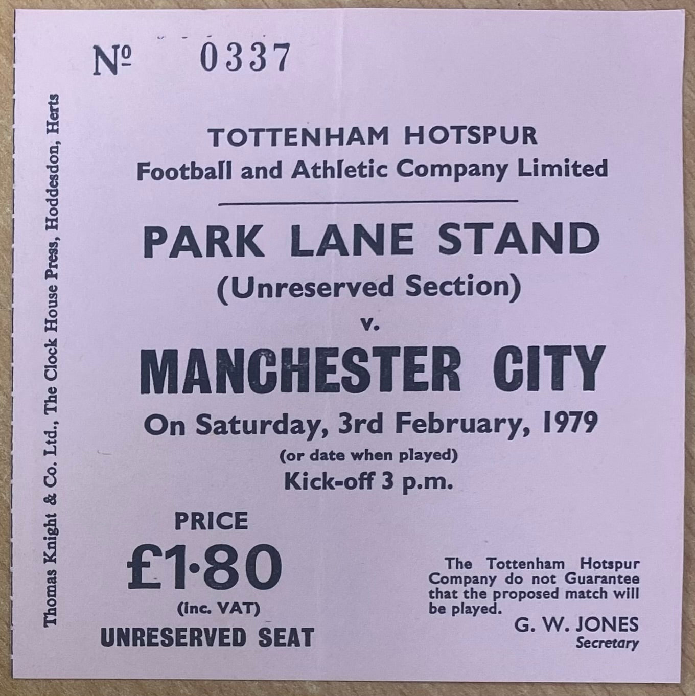 1978/79 ORIGINAL DIVISION ONE TICKET TOTTENHAM HOTSPUR V MANCHESTER CITY