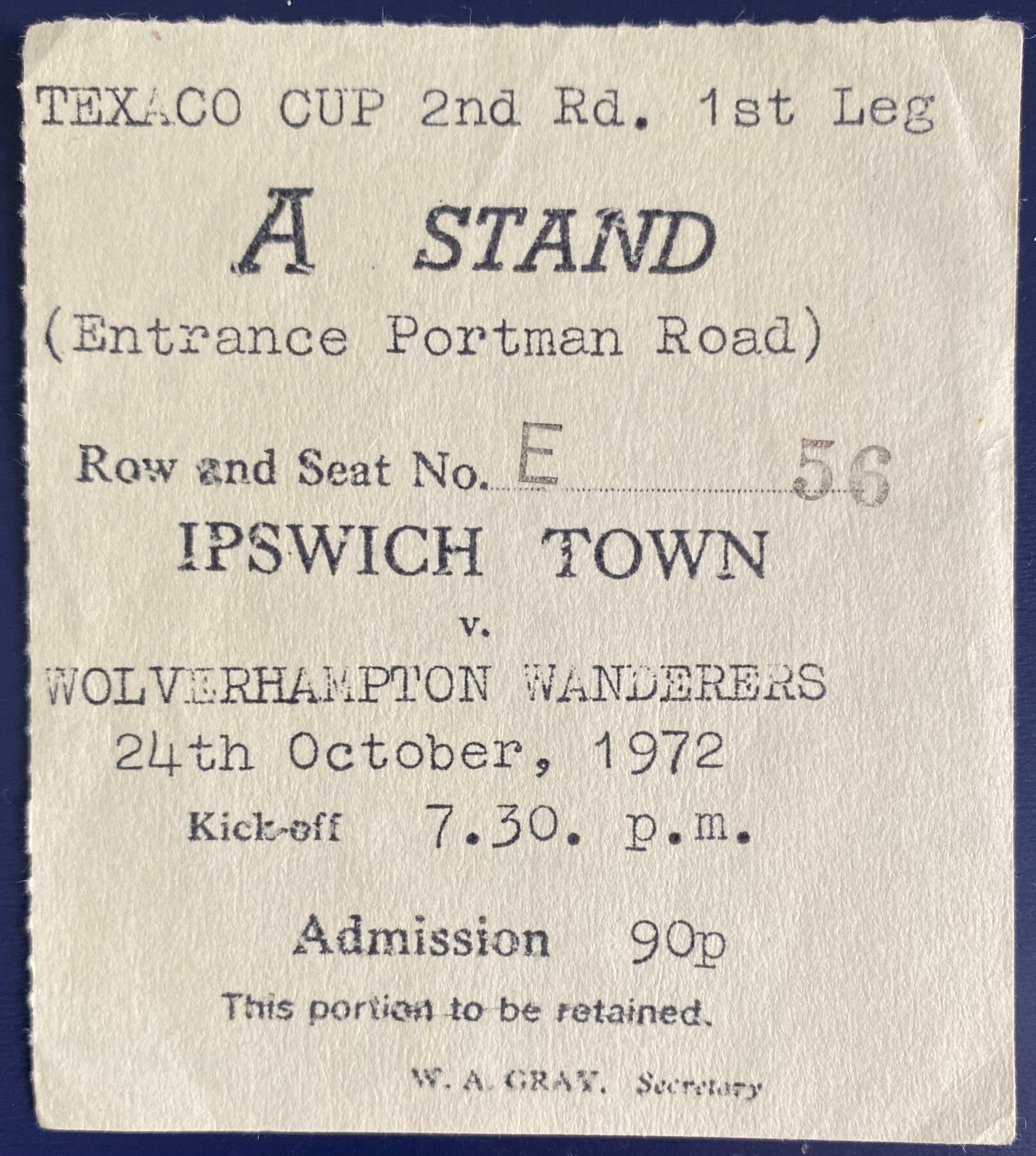 1972/73 ORIGINAL TEXACO CUP 2ND ROUND 1ST LEG TICKET IPSWICH TOWN V WOLVERHAMPTON WANDERERS