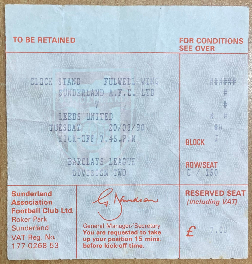 1989/90 ORIGINAL DIVISION 2 TICKET SUNDERLAND V LEEDS UNITED