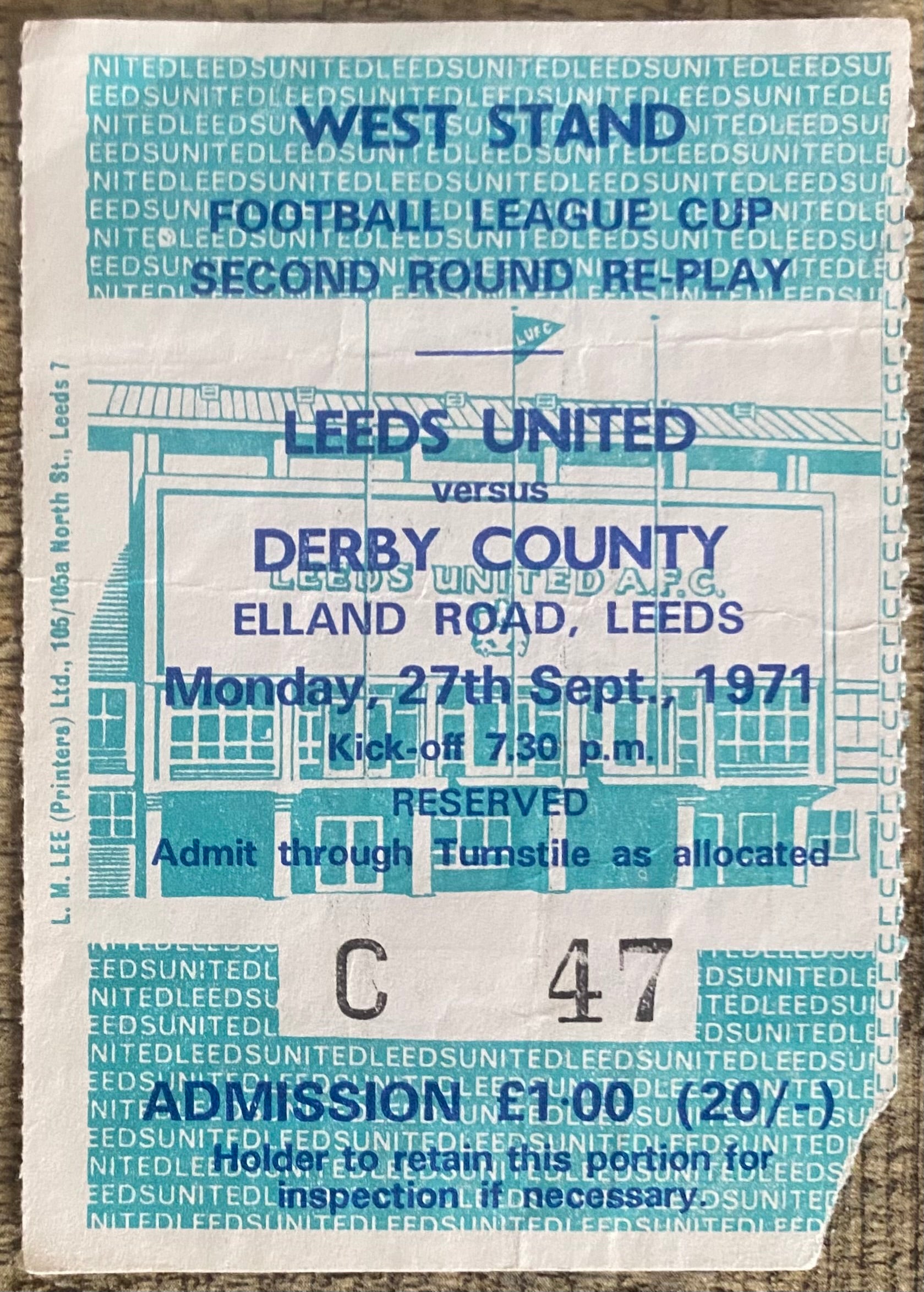1971/72 ORIGINAL LEAGUE CUP 2ND ROUND REPLAY TICKET LEEDS UNITED V DERBY COUNTY