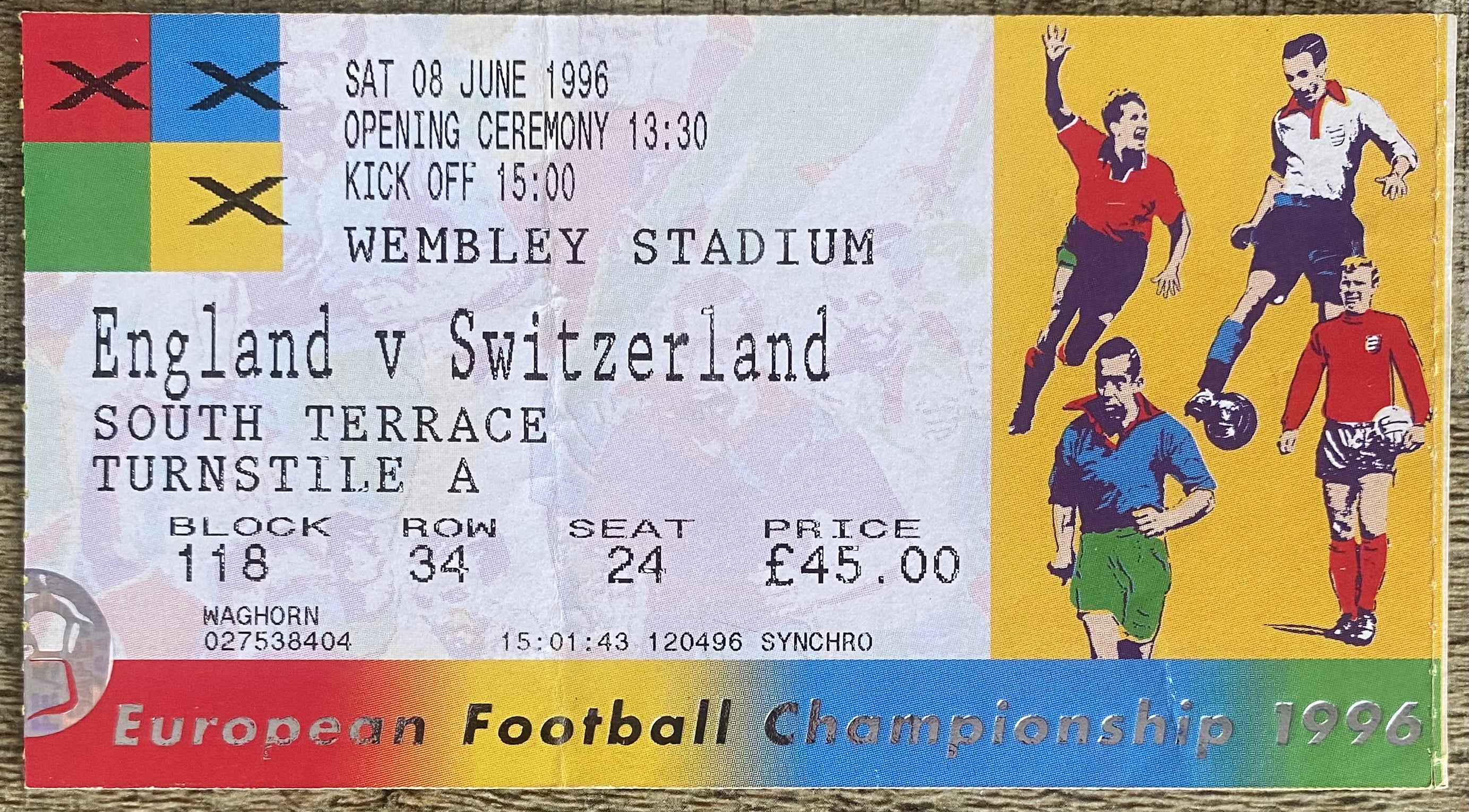 1996 ORIGINAL EUROPEAN CHAMPIONSHIPS EURO 96 OPENING MATCH TICKET ENGLAND V SWITZERLAND @ WEMBLEY
