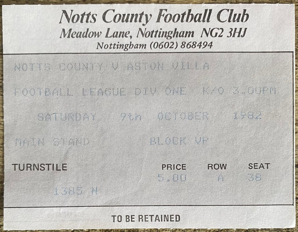 1982/83 ORIGINAL DIVISION 1 TICKET NOTTS COUNTY V ASTON VILLA